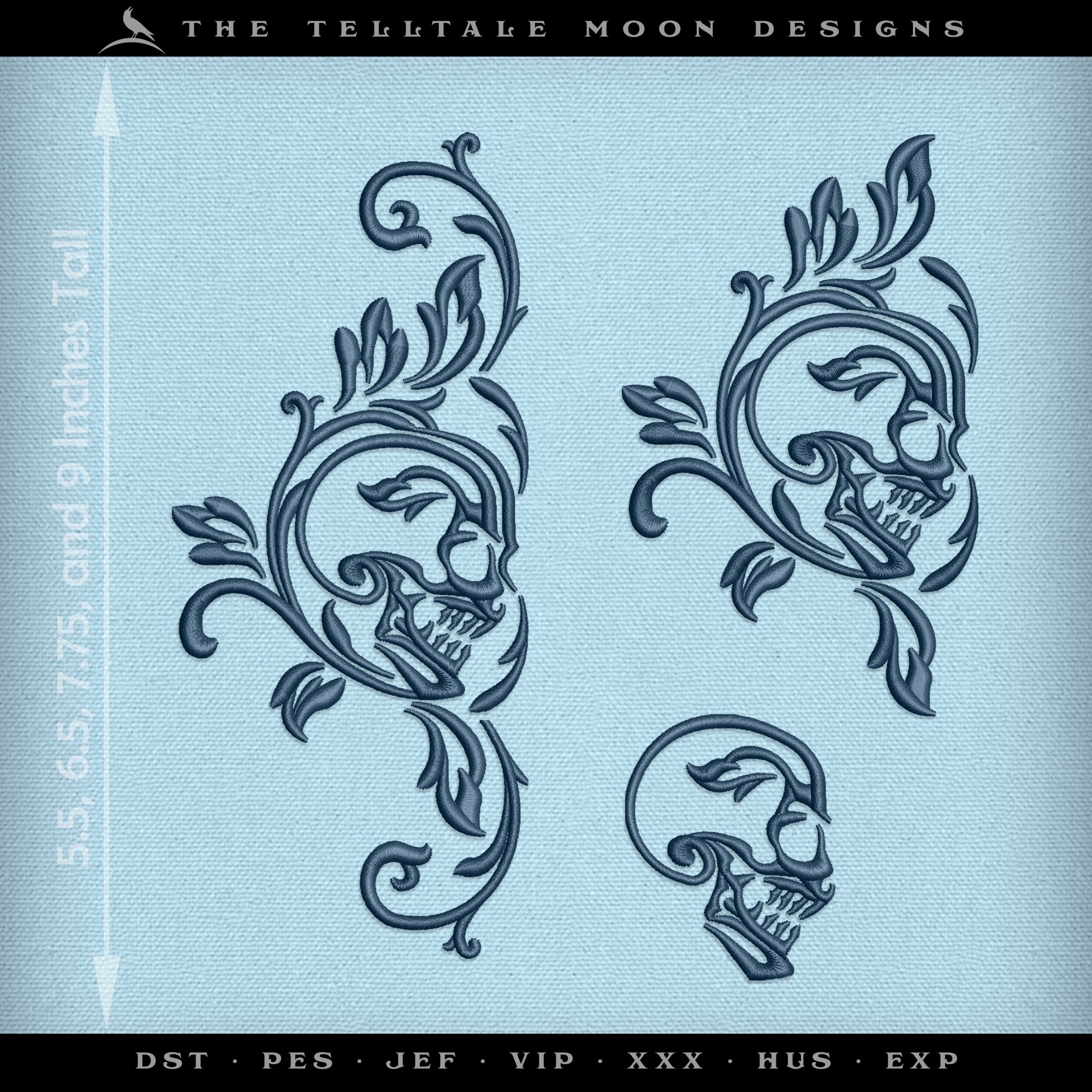 Embroidery: SET of Gothic Skull Damask Designs - Includes Double, Single, and Skull in Four Sizes