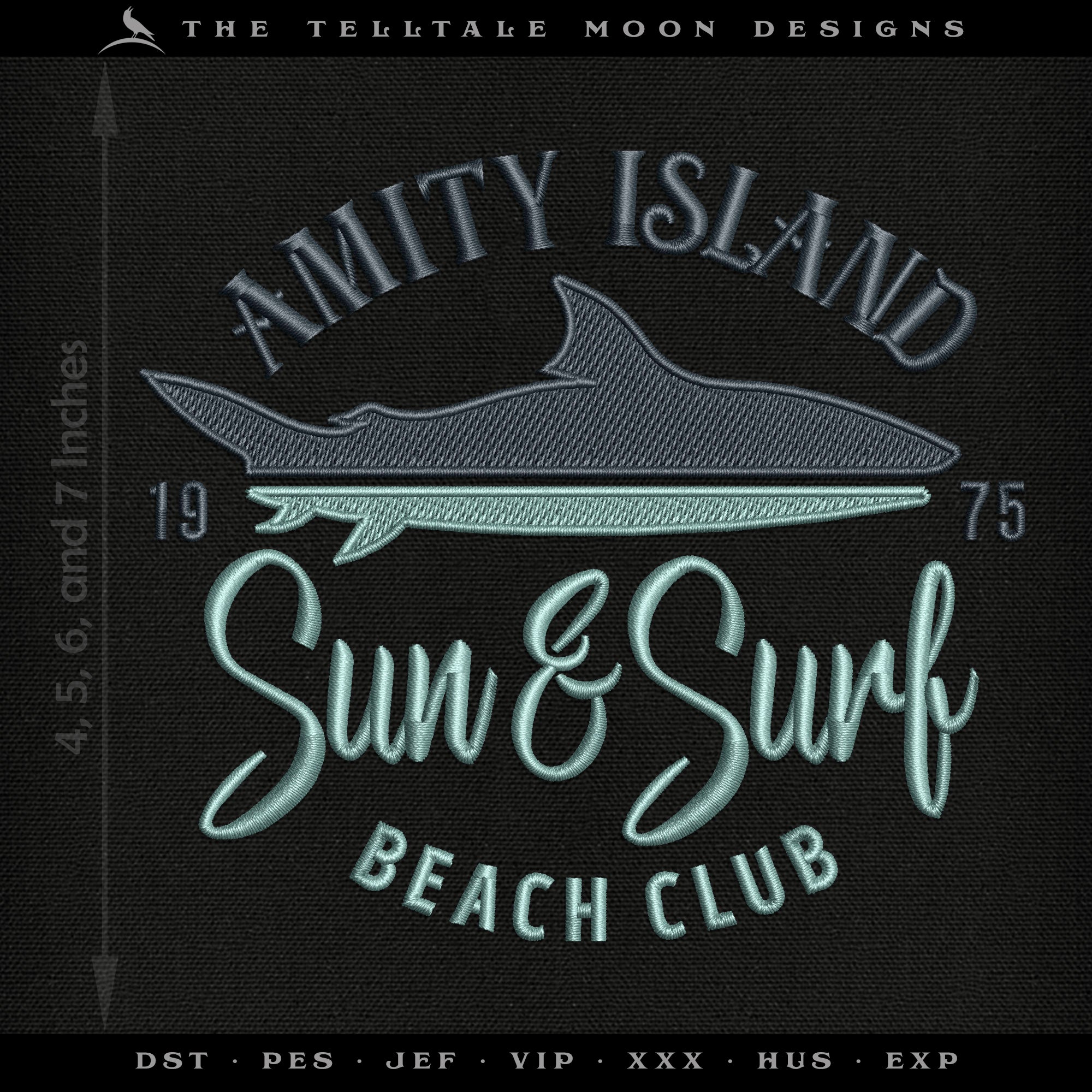 Embroidery: Retro Style Jaws-inspired "Amity Island Sun & Surf" Humor - 4, 5, 6, and 7 Inches