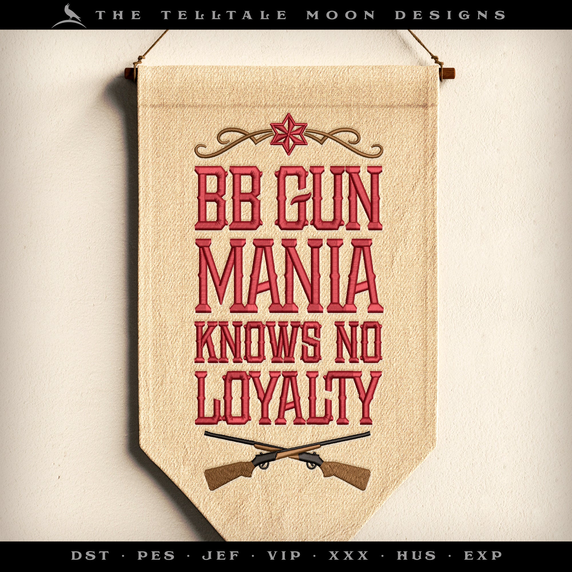 Embroidery: Cowboy Christmas Humor "BB Gun Mania Knows No Loyalty" Quote - Four Sizes Between 7 and 10 Inches Tall