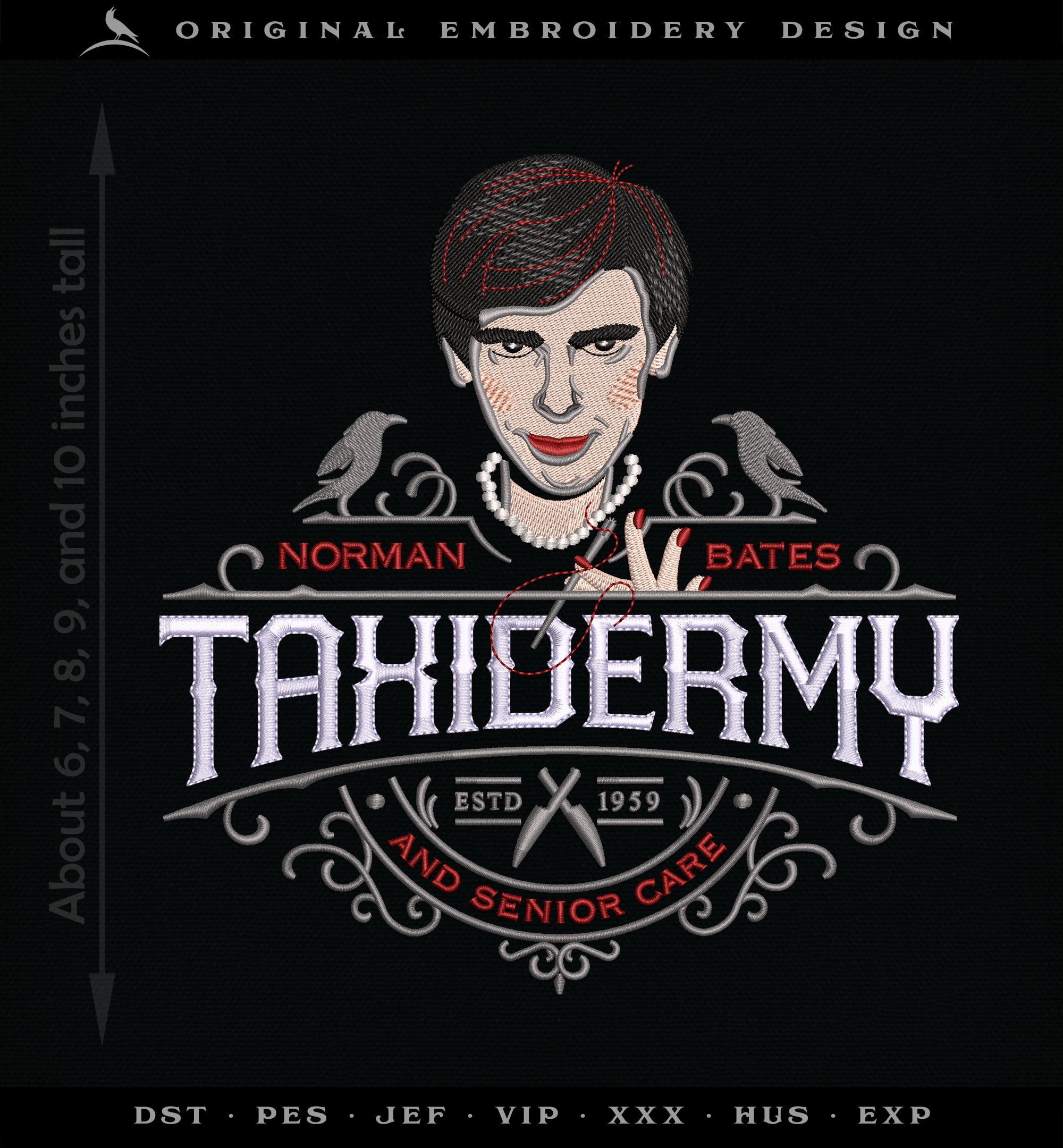 Embroidery: "Bates Taxidermy" Sign - Several Sizes From 5 to 10 Inches, Plus Face Icon