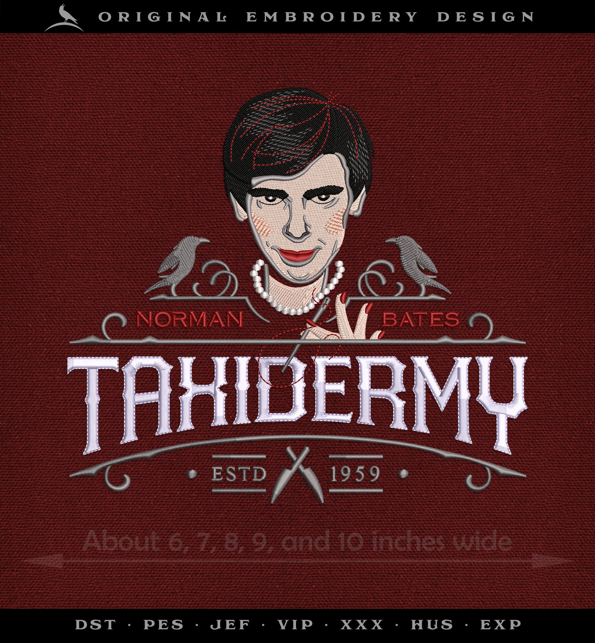 Embroidery: "Bates Taxidermy" Sign - Several Sizes From 5 to 10 Inches, Plus Face Icon