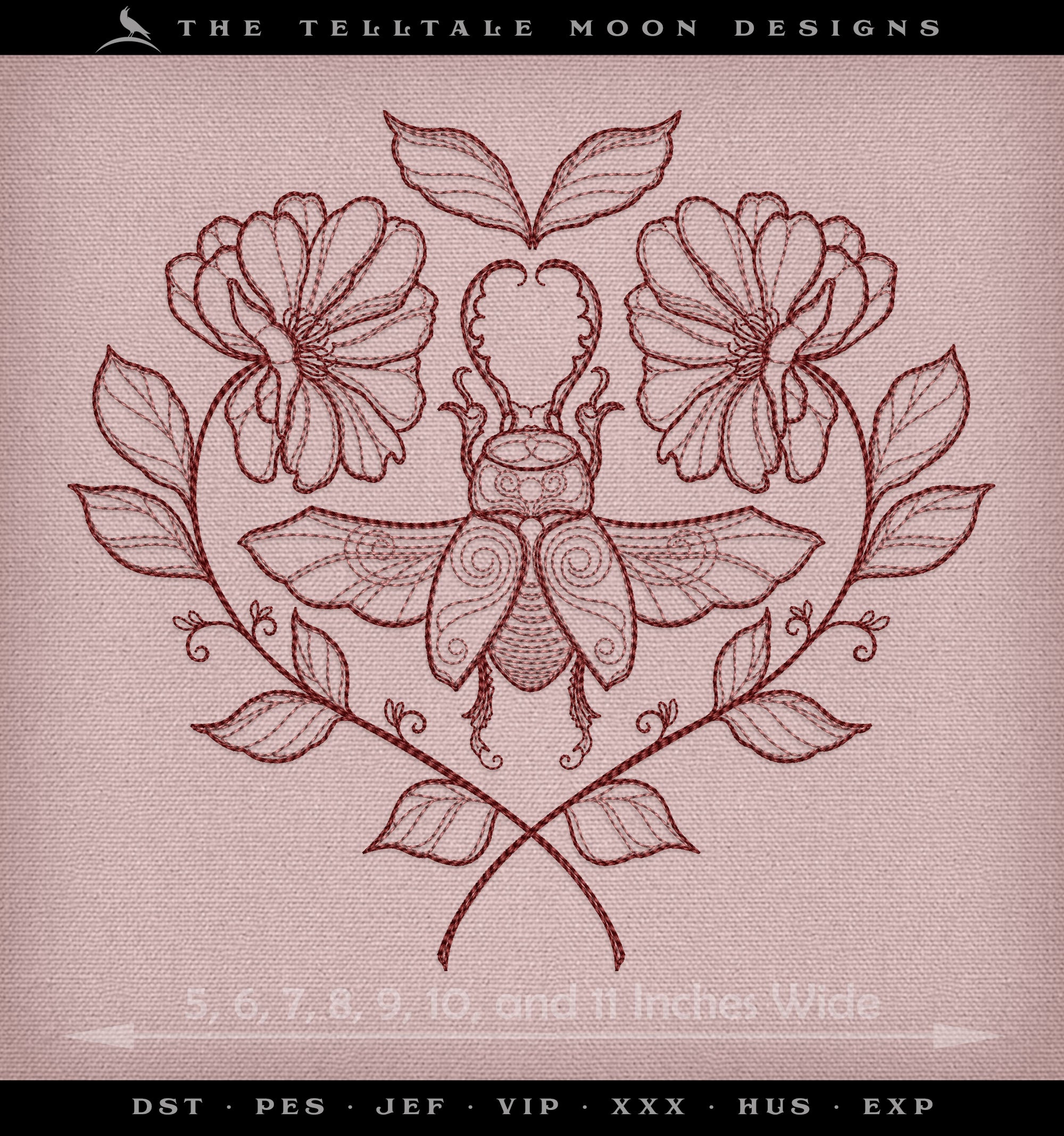 Embroidery: Beetle & Flowers Drawing - Eight Sizes 5 to 12 Inches - Two Thread Colors