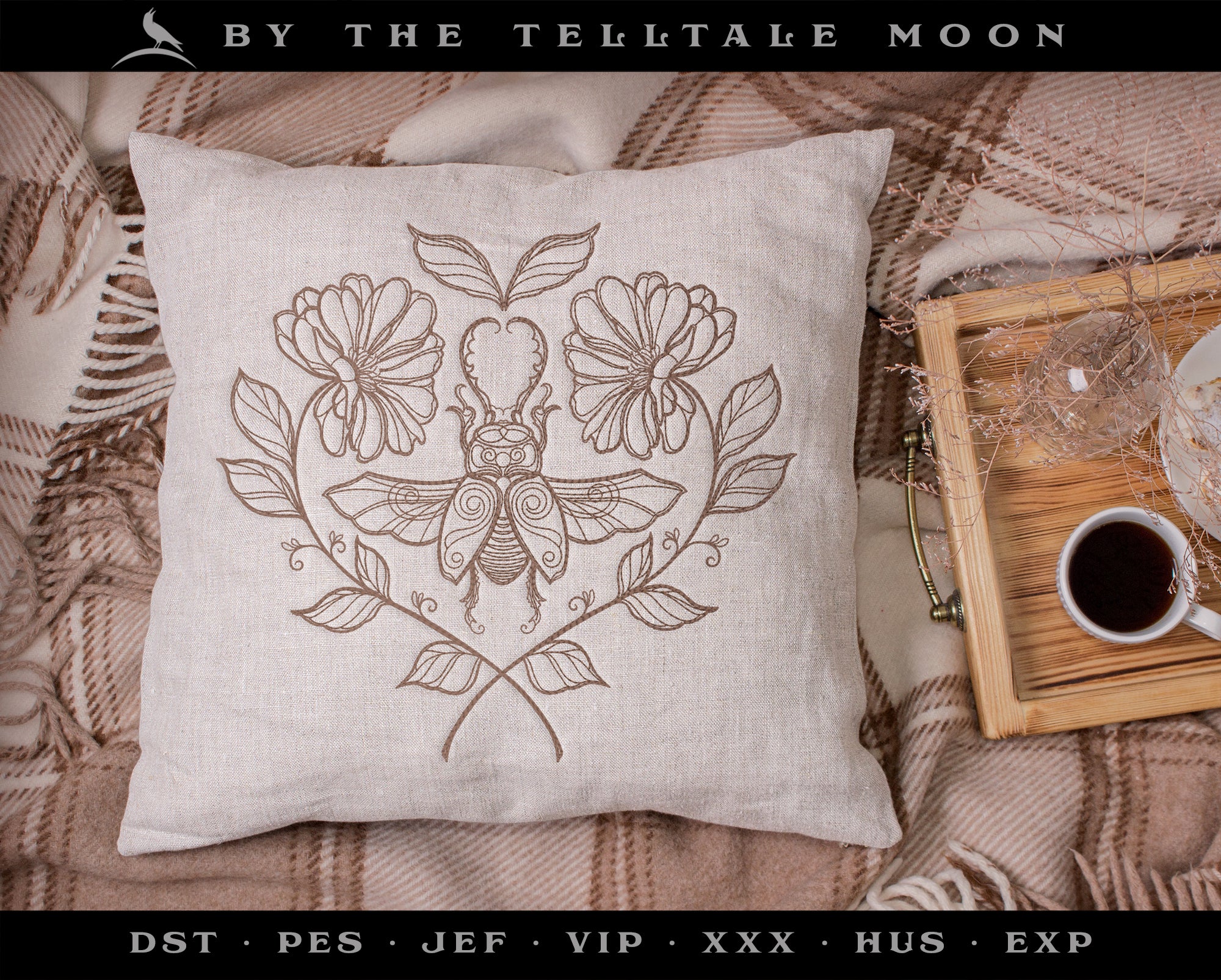 Embroidery: Beetle & Flowers Drawing - Eight Sizes 5 to 12 Inches - Two Thread Colors