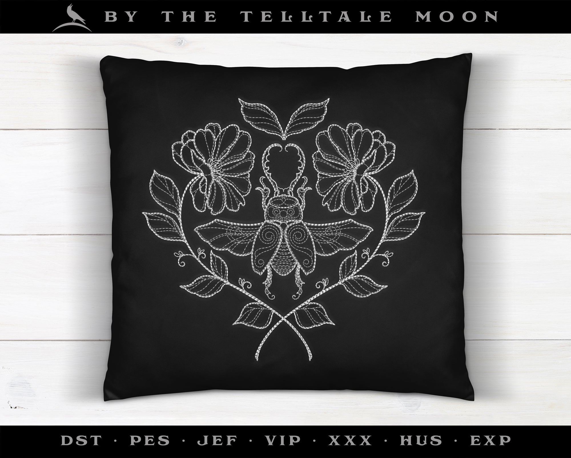 Embroidery: Beetle & Flowers Drawing - Eight Sizes 5 to 12 Inches - Two Thread Colors