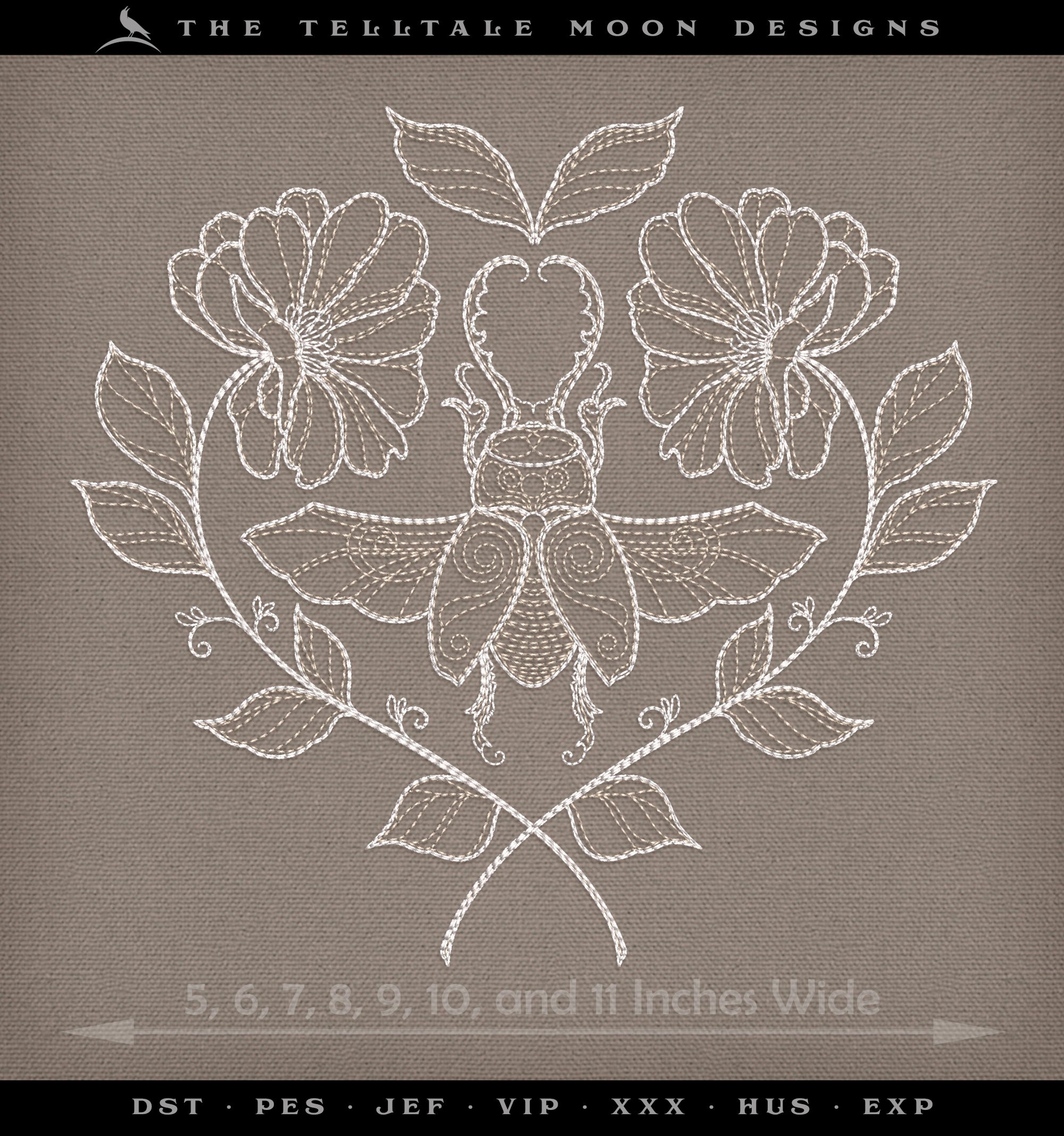 Embroidery: Beetle & Flowers Drawing - Eight Sizes 5 to 12 Inches - Two Thread Colors