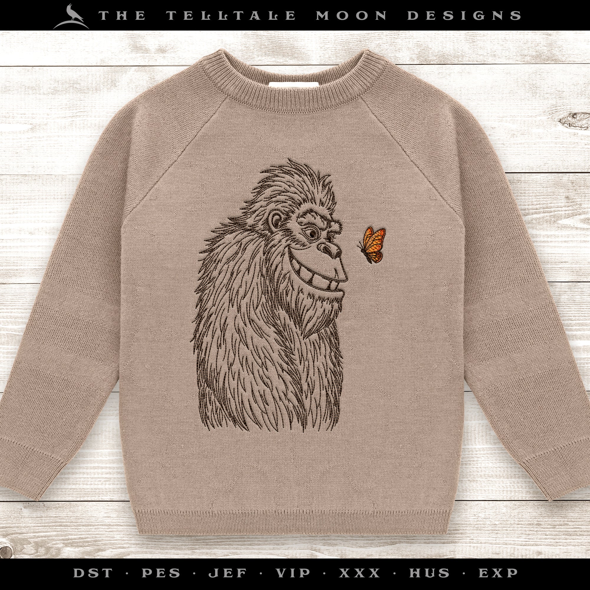 Bigfoot & Butterfly Sketch – Gentle Giant Embroidery Design – Six Sizes