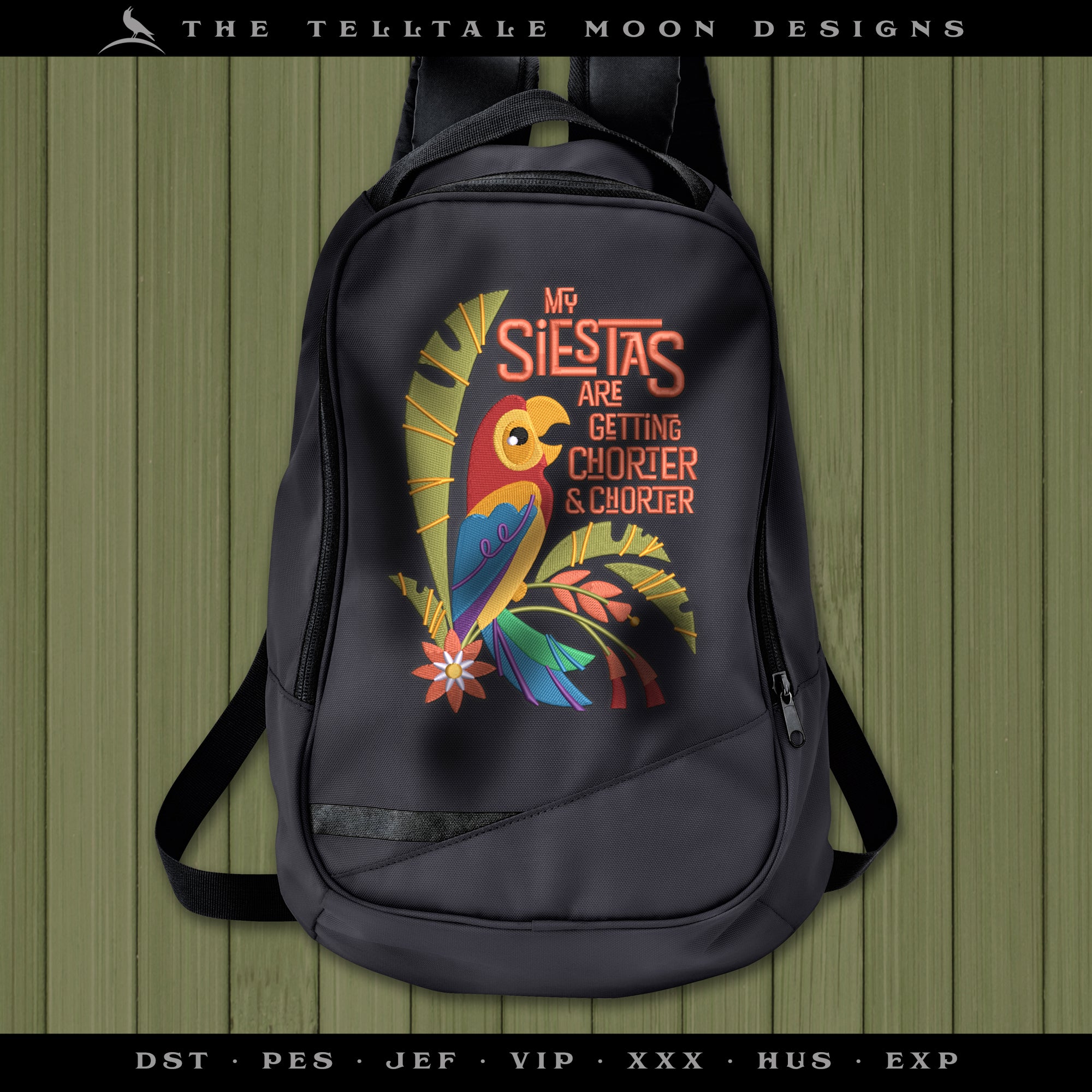 Embroidery: "Chorter & Chorter" Parrot, Inspired by Tiki Room - Six Sizes Between 6 and 10 Inches