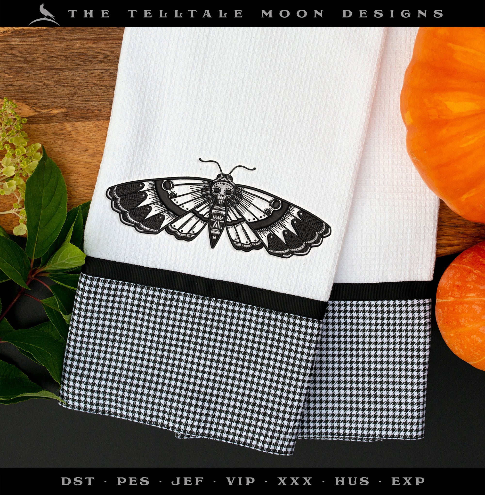 Machine Embroidery: Pen-and-ink Style of Death Moth (6.5 and 7.8 Inches)