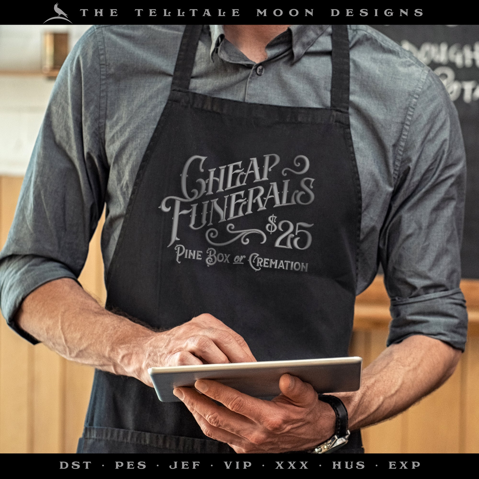 Embroidery: "Cheap Funerals" Darkly Fun Vintage Design - Five Sizes