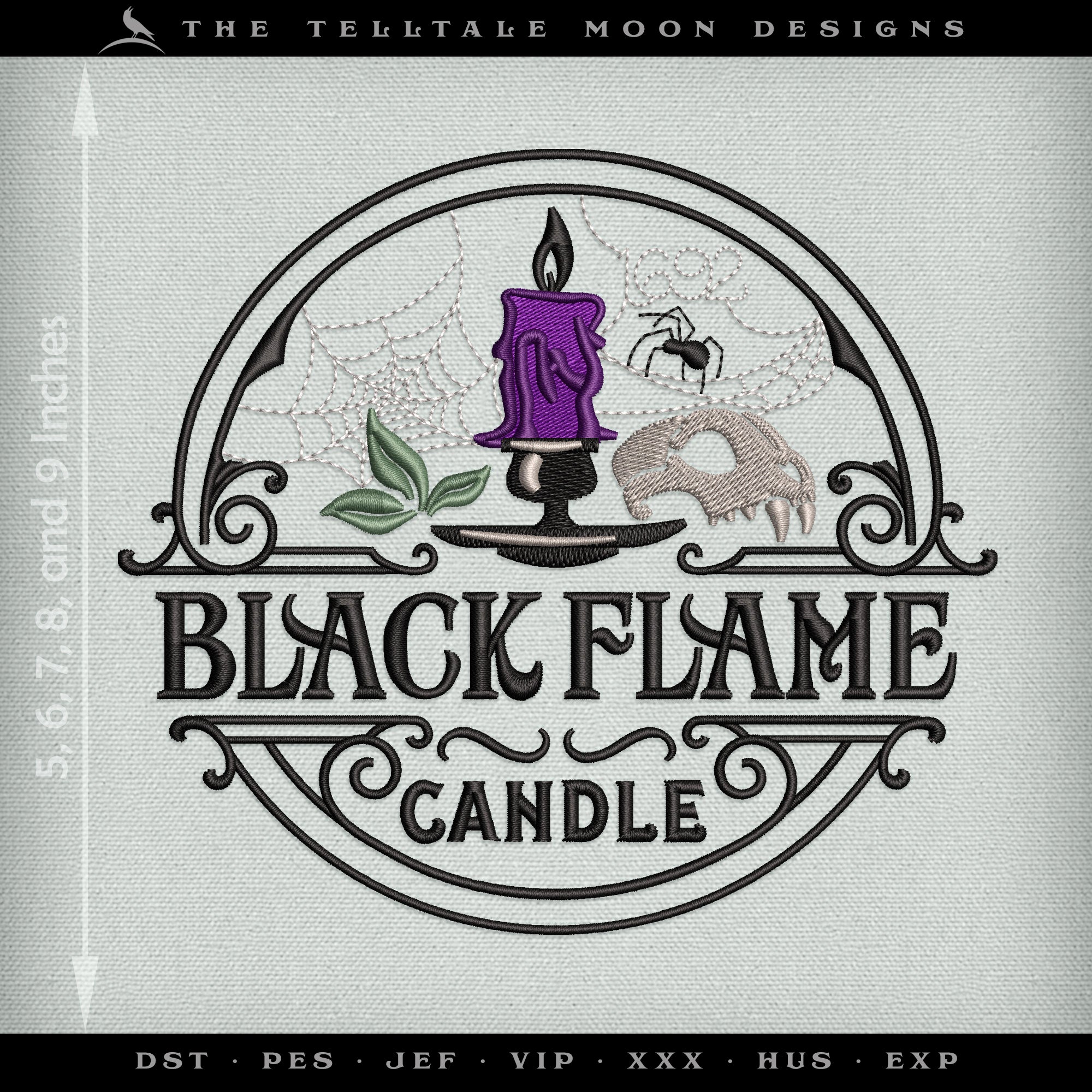 Embroidery: "Black Flame Candle" Label - Five Sizes - Six Thread Colors