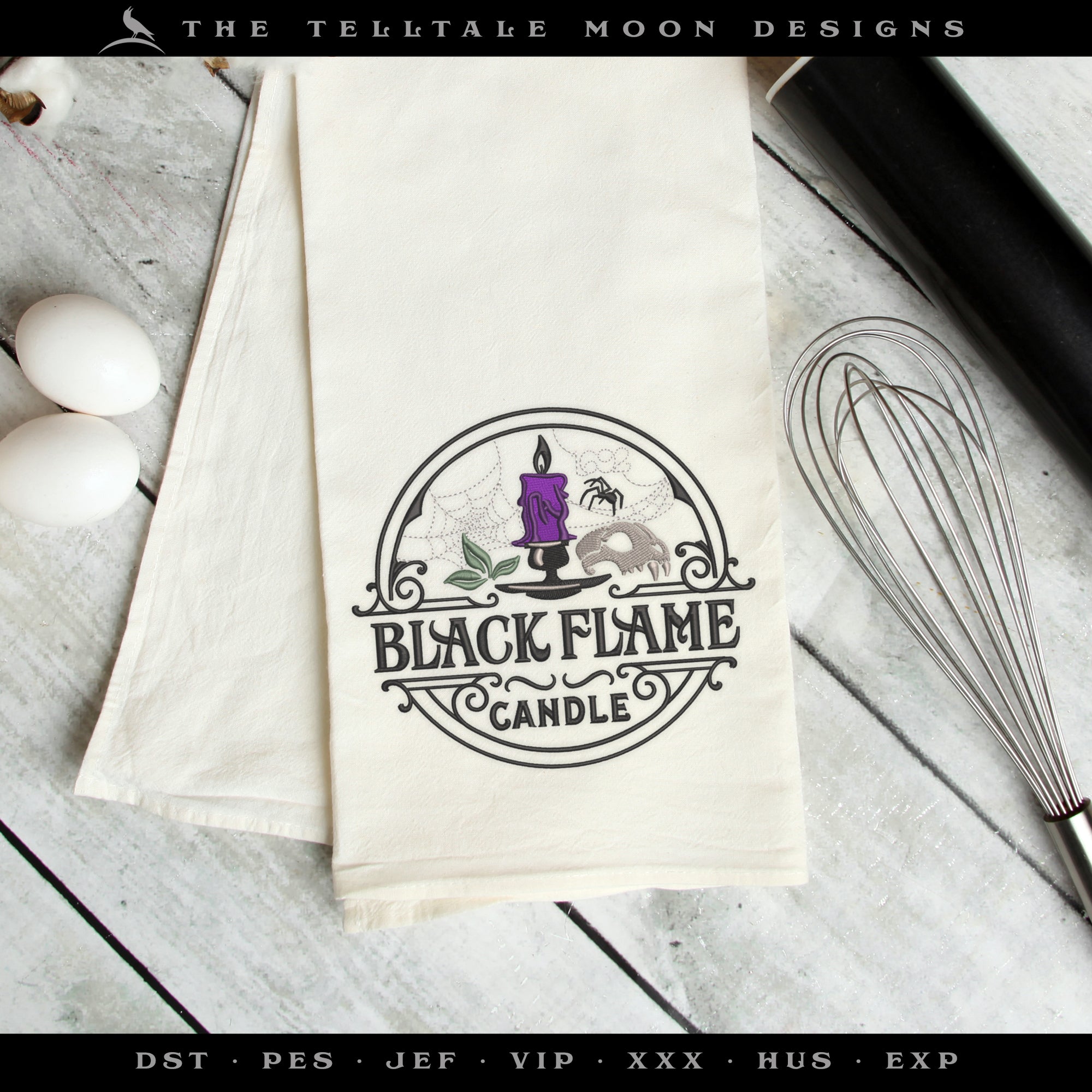 Embroidery: "Black Flame Candle" Label - Five Sizes - Six Thread Colors