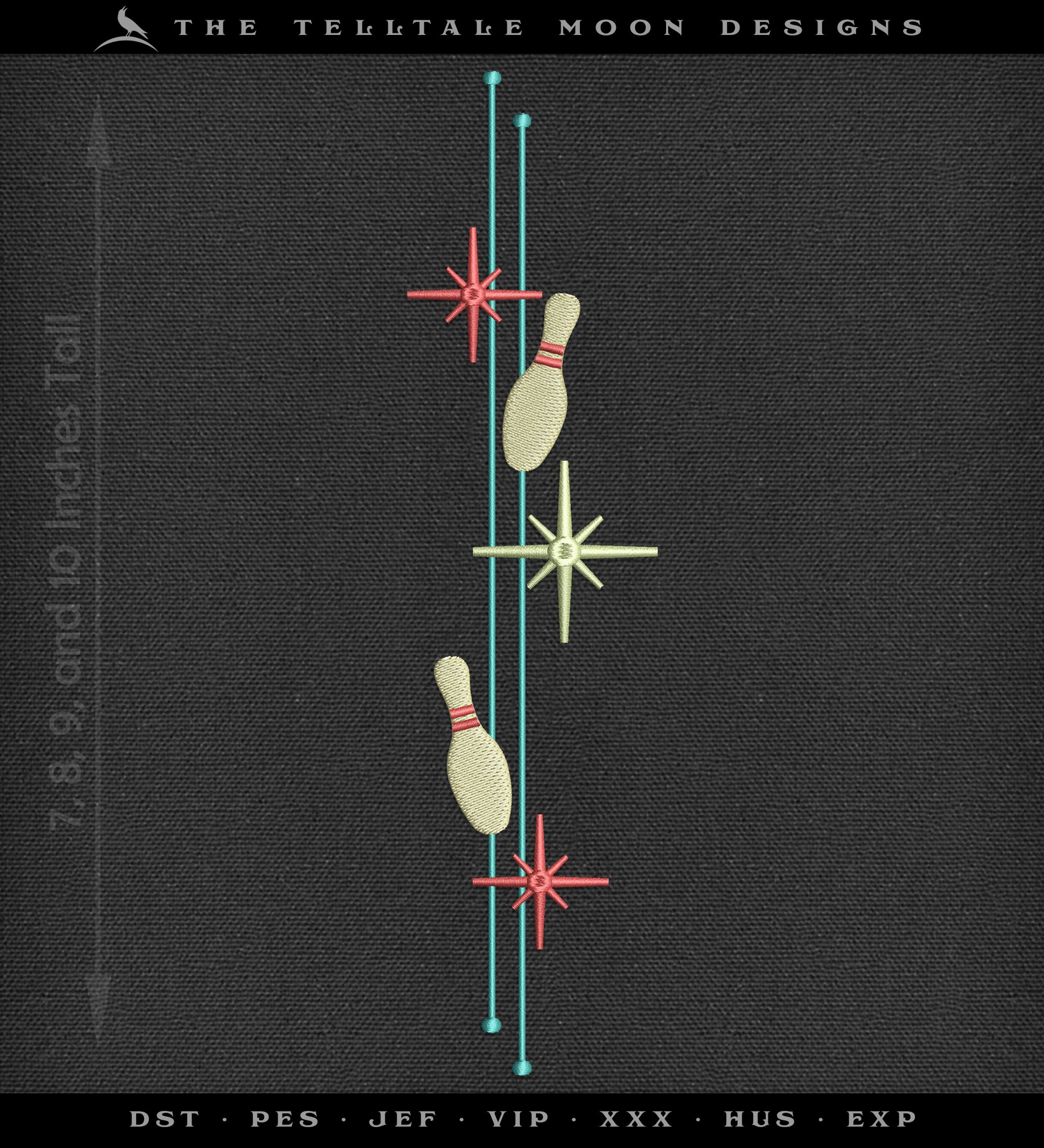 Embroidery: Mid Century Modern Atomic Bowling Design, 7 to 10 Inches Tall