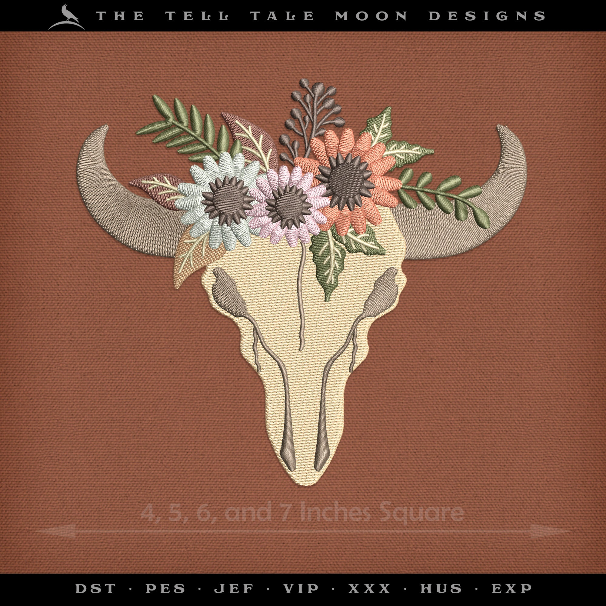 Embroidery: Pretty Bull Skull and Flowers - 4, 5, 6, and 7 Inches Square
