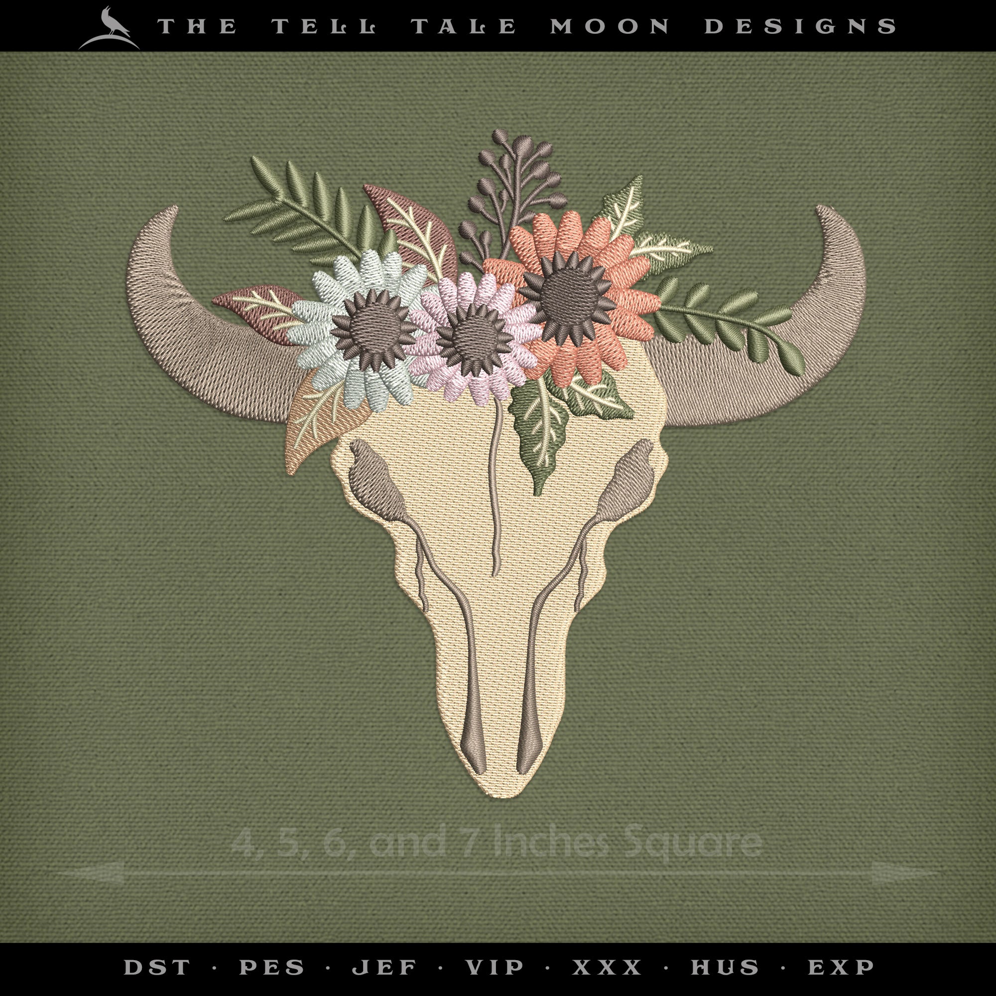 Embroidery: Pretty Bull Skull and Flowers - 4, 5, 6, and 7 Inches Square