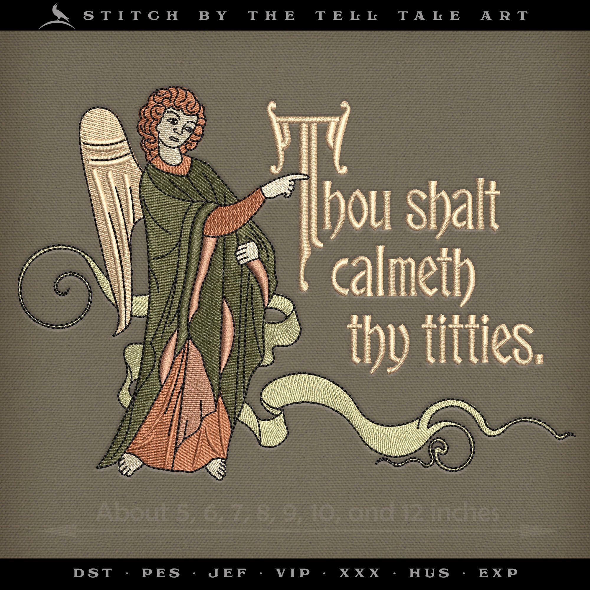 Thou Shalt Calmeth Thy Titties – Medieval Angel Drollerie Humor – Seven Sizes 5 to 12 Inches