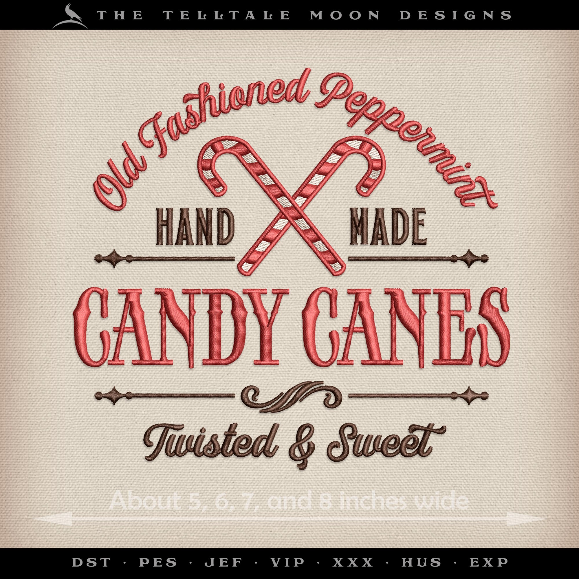Embroidery: "Candy Canes" Retro Logo - Four Sizes Between 5 and 8 Inches