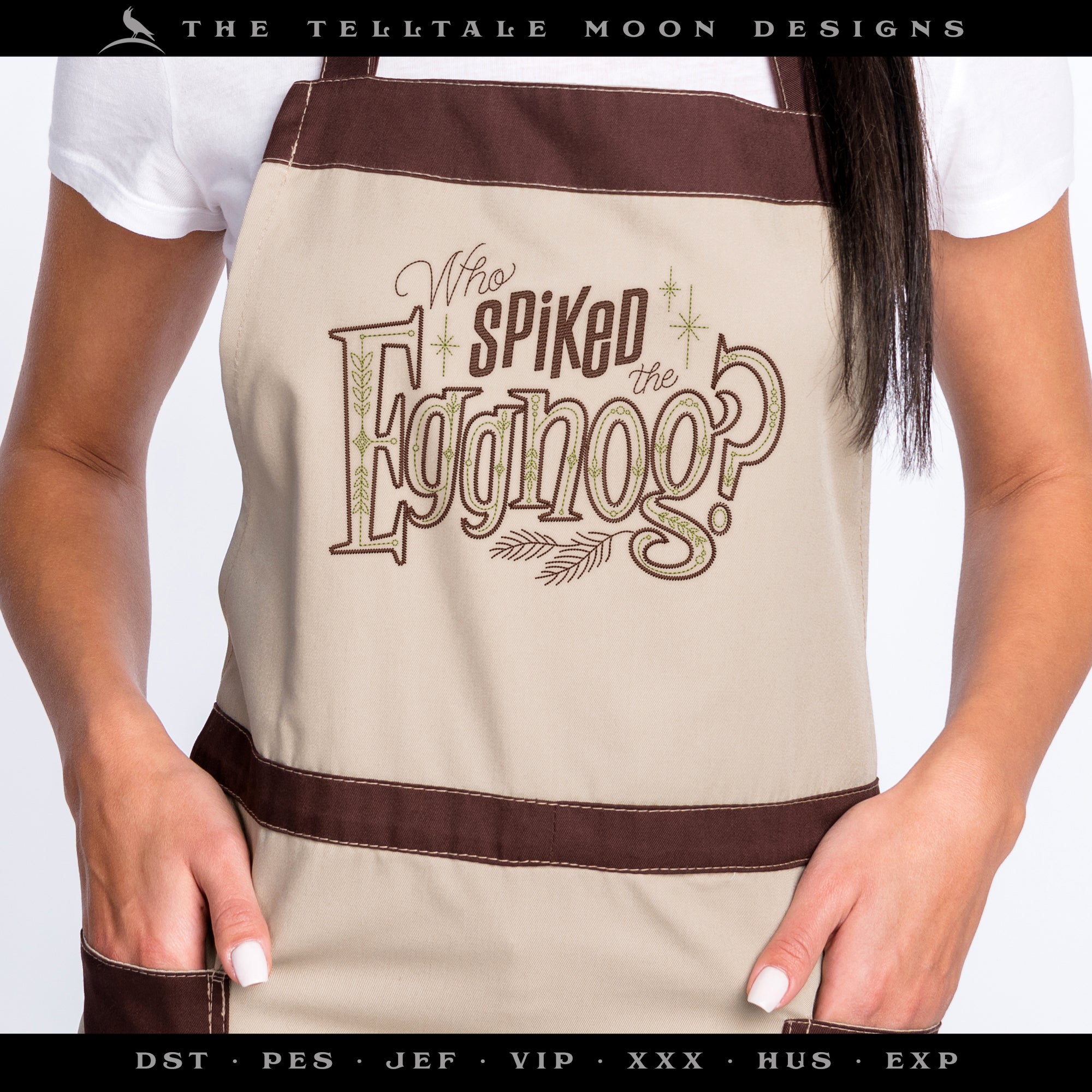 Embroidery: Run-stitch "Who Spiked the Eggnog" Retro-look Design - Six Sizes Between 5 and 11.5 Inches Wide