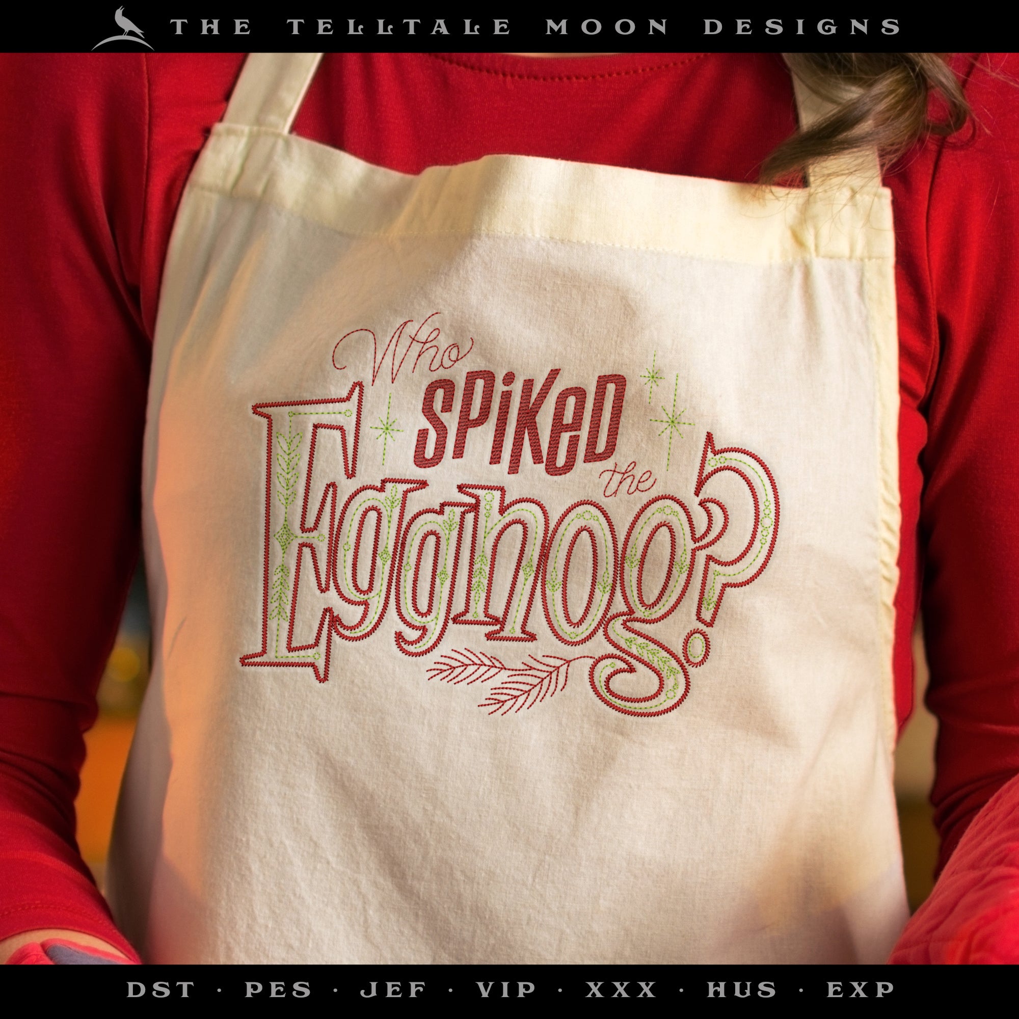 Embroidery: Run-stitch "Who Spiked the Eggnog" Retro-look Design - Six Sizes Between 5 and 11.5 Inches Wide