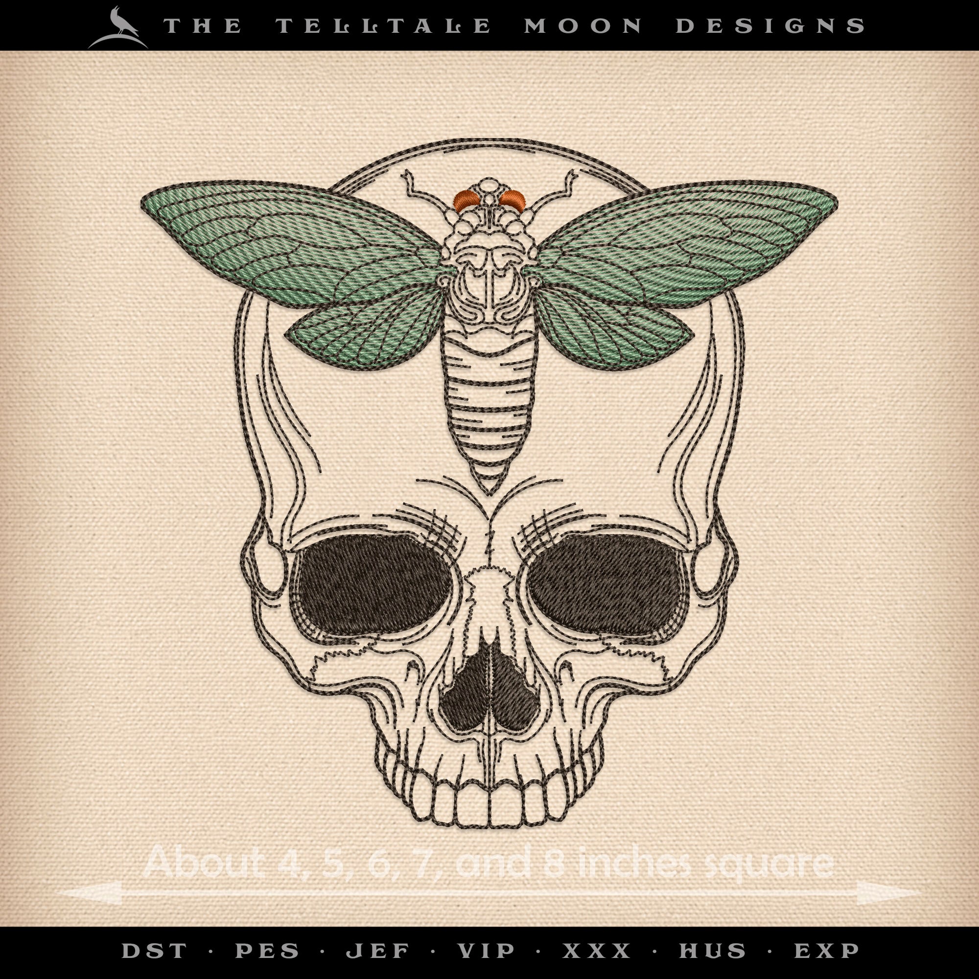 Embroidery: Cicada Skull - Five Sizes 4 to 8 Inches Square - Three Thread Colors