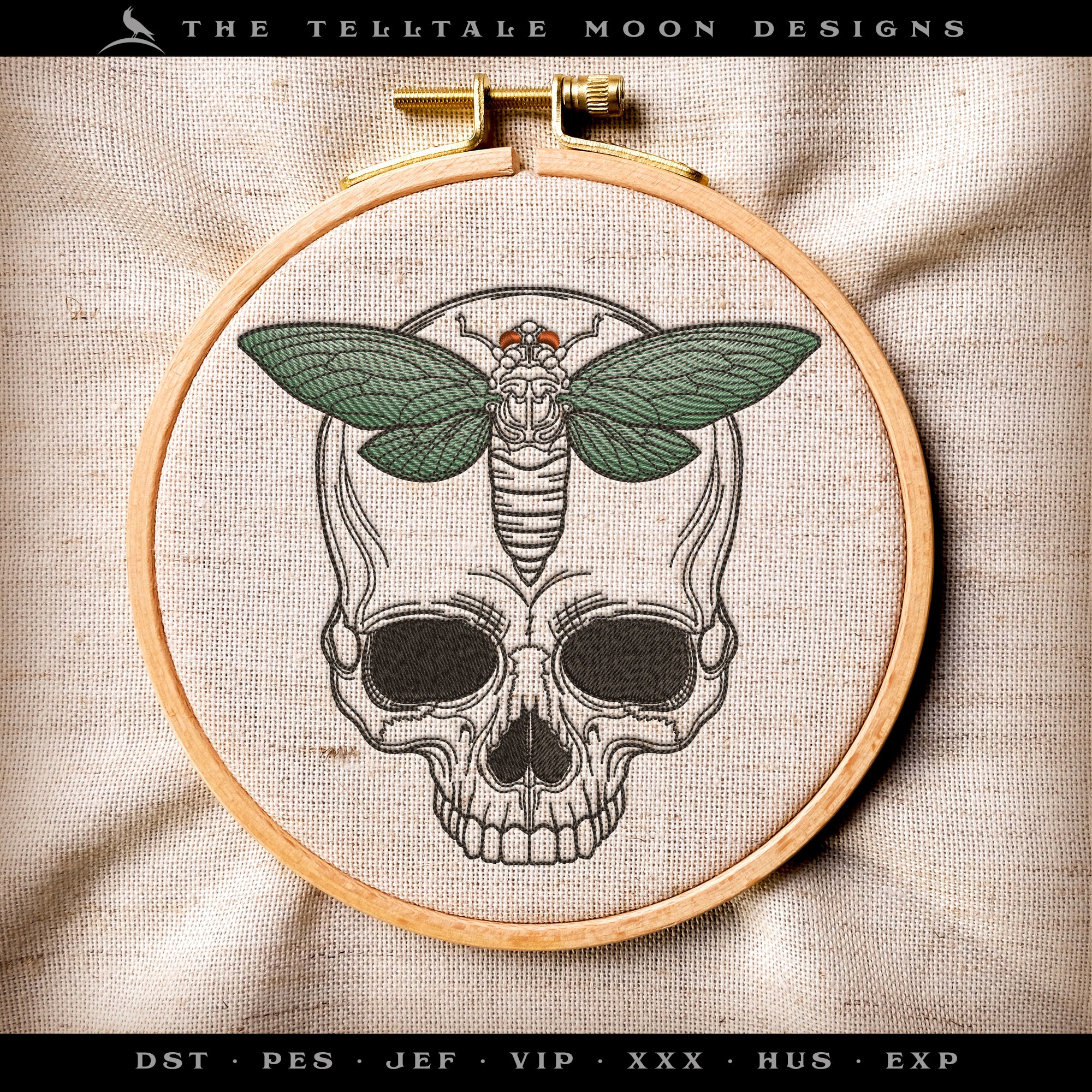 Embroidery: Cicada Skull - Five Sizes 4 to 8 Inches Square - Three Thread Colors
