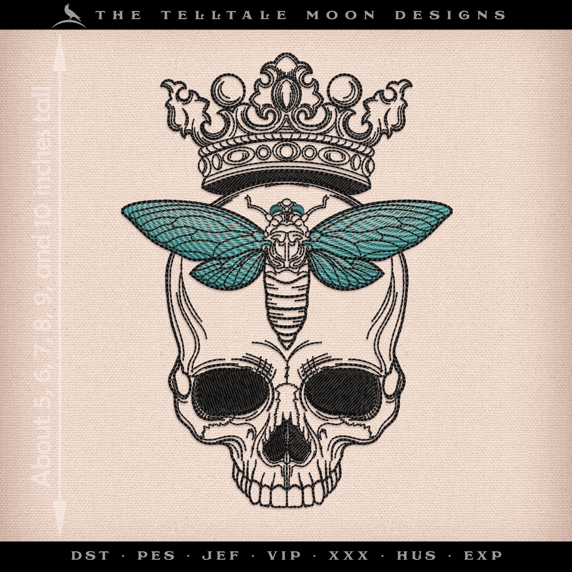 Embroidery: Crowned Skull with Cicada - Six Sizes 5 to 10 Inches Tall