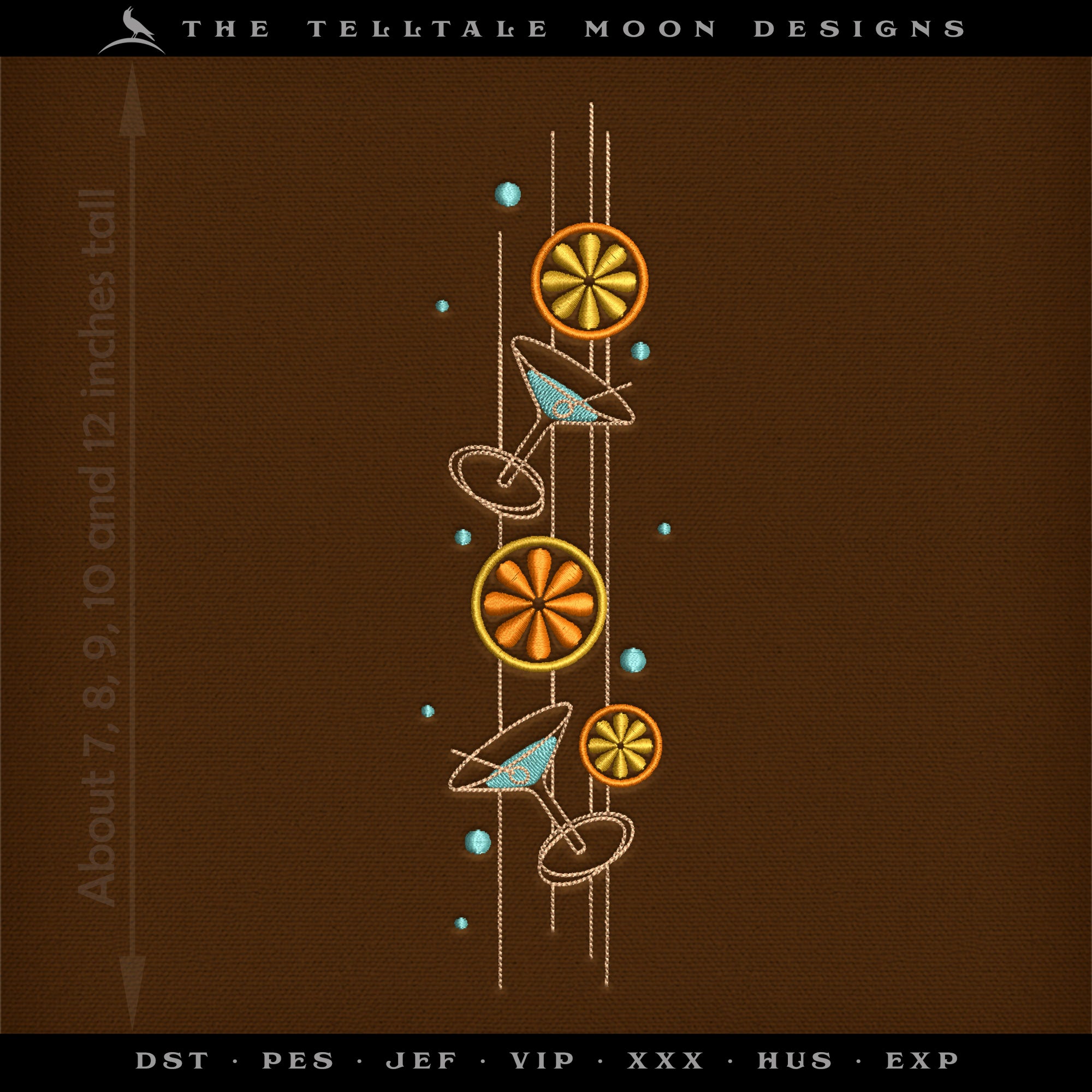 Embroidery: Midcentury "Cocktails & Citrus" Pocket Design - 7, 8, 9, 10, and 12 Inches Tall