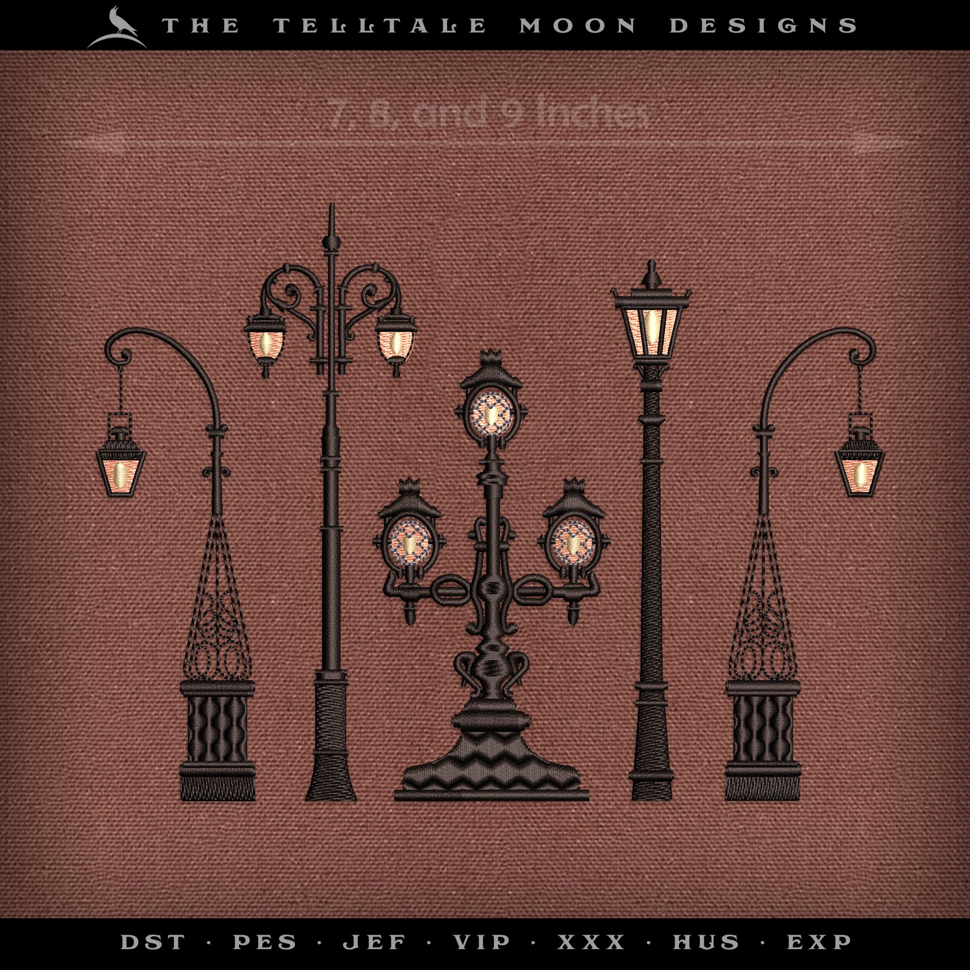 Embroidery: Classic Iron Street Lamps, Sizes Between 7 and 9 Inches Wide