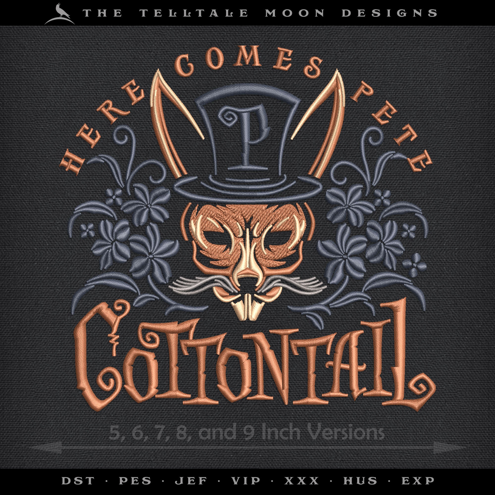 Embroidery Files: "Here Comes Pete Cottontail" - 5, 6, 7, 8, and 9 Inches - Four Thread Colors