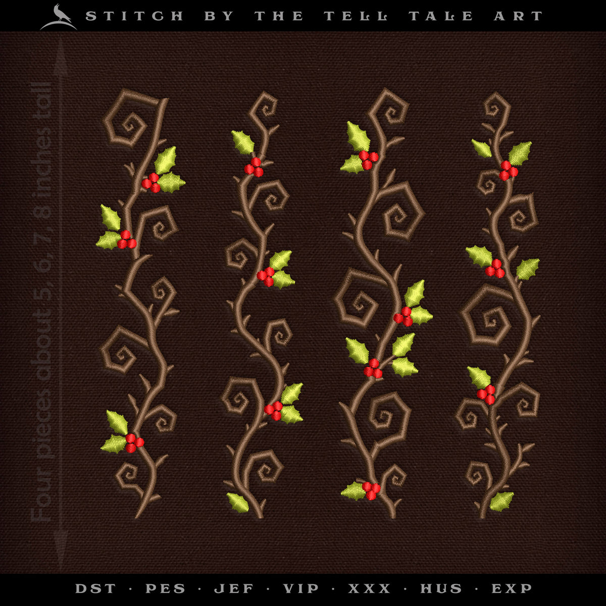 Crooked Christmas Holly Borders – Four Vertical Trims in Sizes from 4.5 to 7.5 Inches Tall