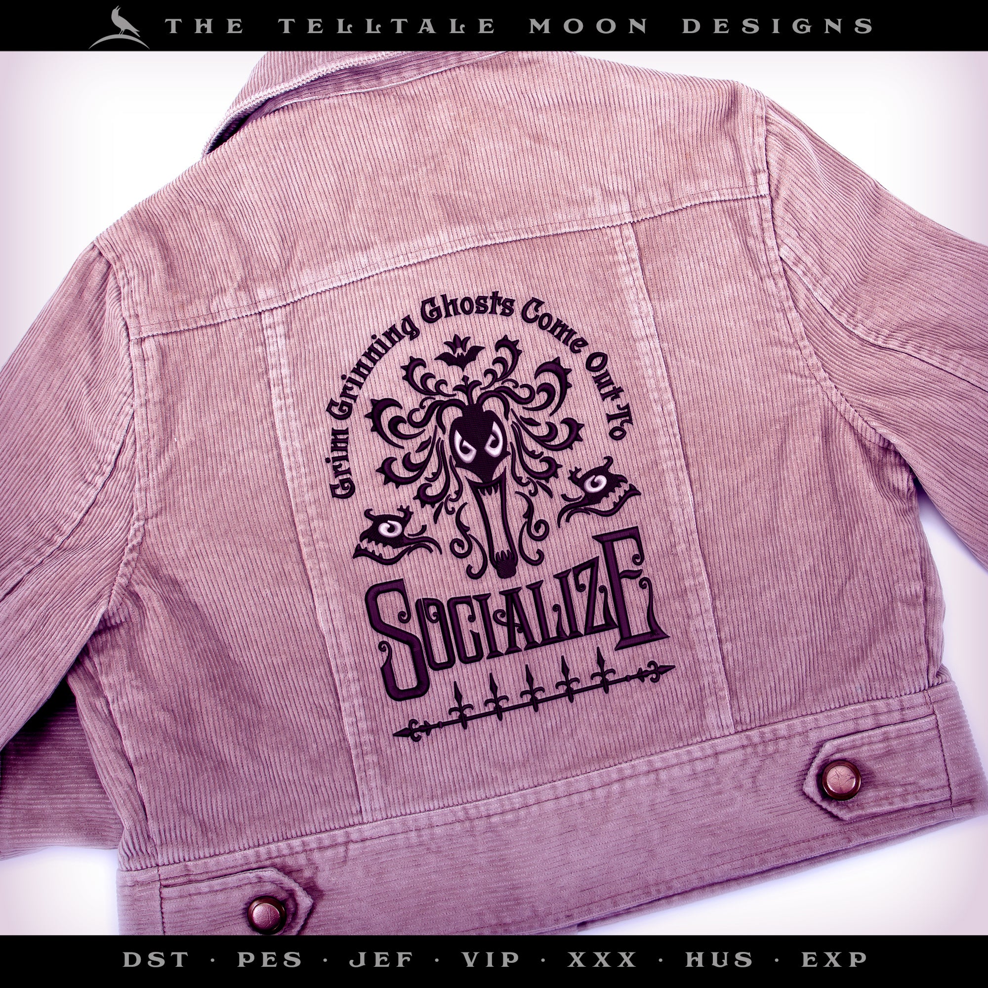 Embroidery Files: Gothic "Socialize" Design Inspired by Haunted Mansion - Five Sizes - Two Thread Colors