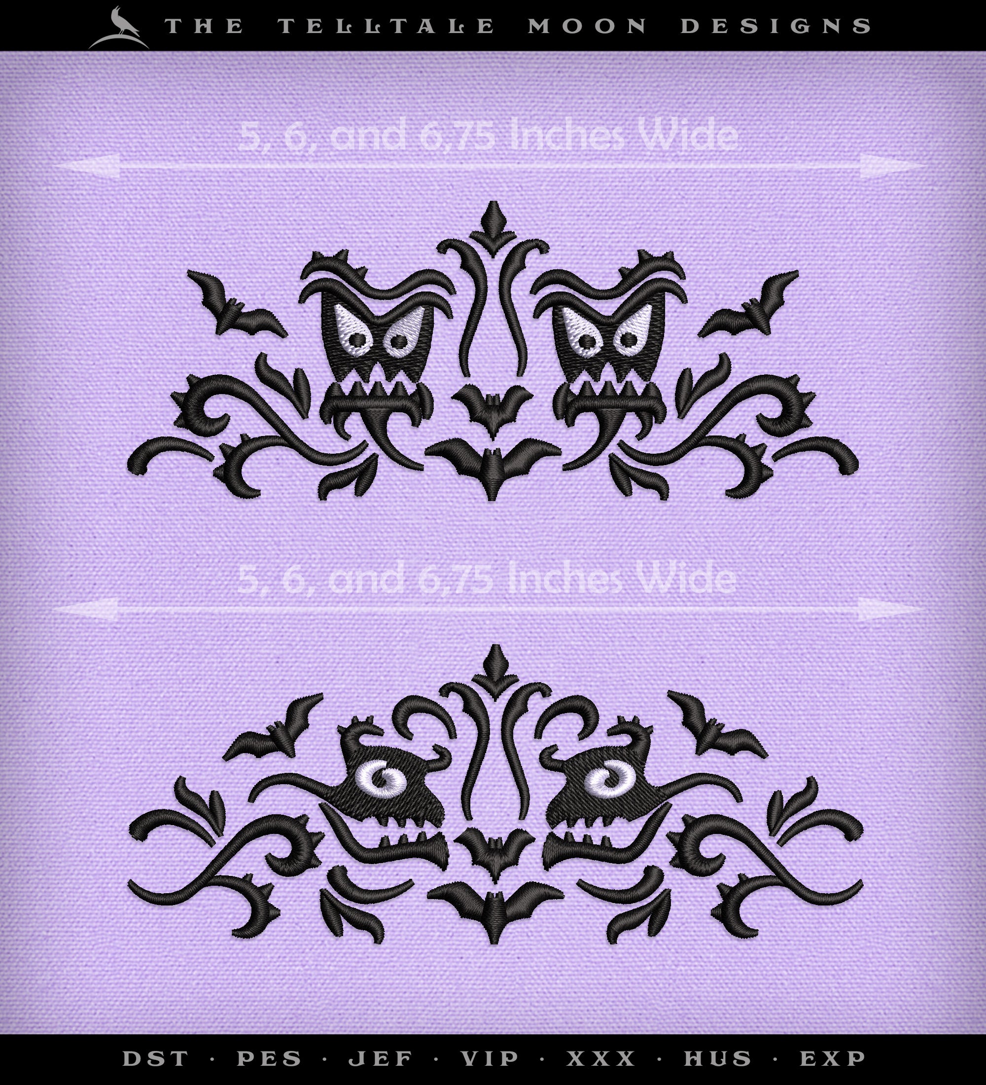 Embroidery Set of 2: Gothic Damask Inspired by Haunted Mansion (Two Versions, Three Sizes Each, Two Thread Colors)