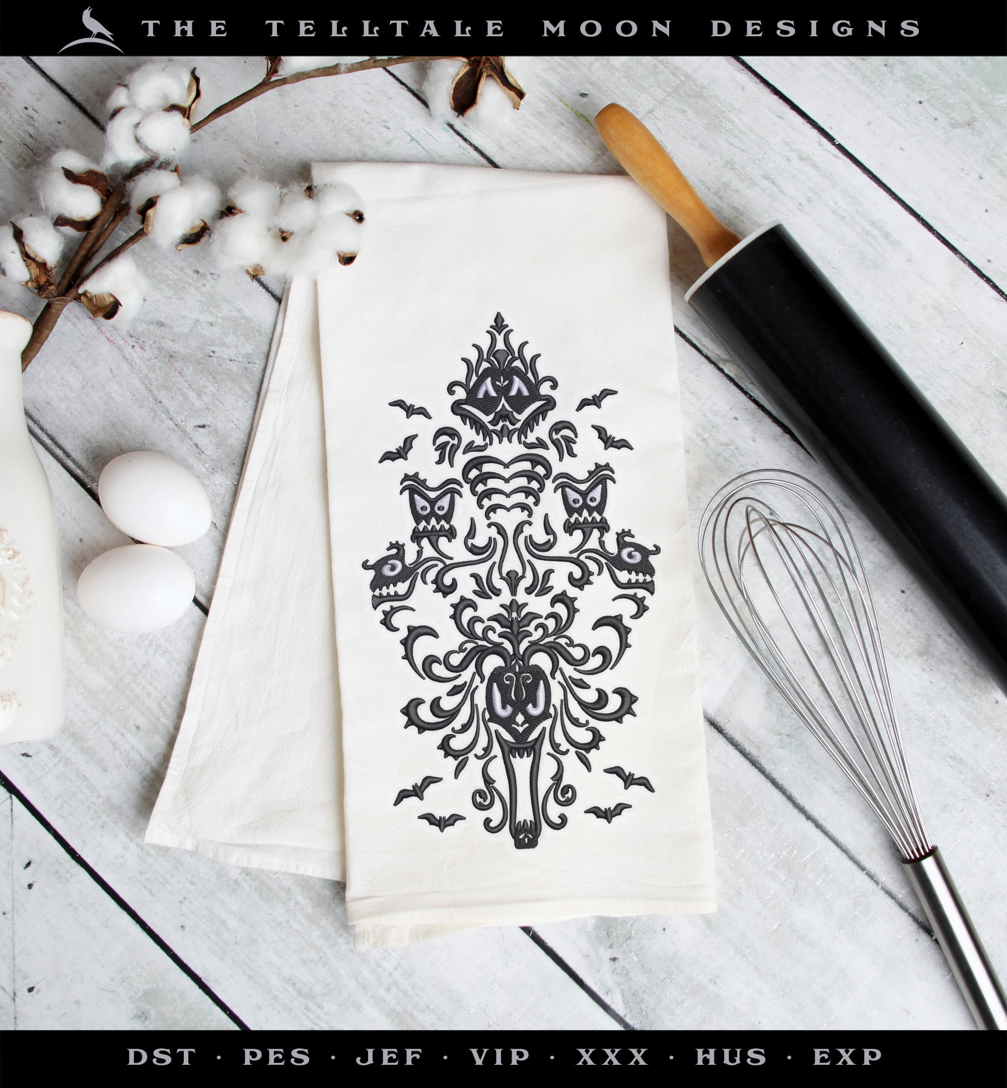 Machine Embroidery Files: Gothic Damask Inspired by Haunted Mansion (Five Sizes, Two Thread Colors)