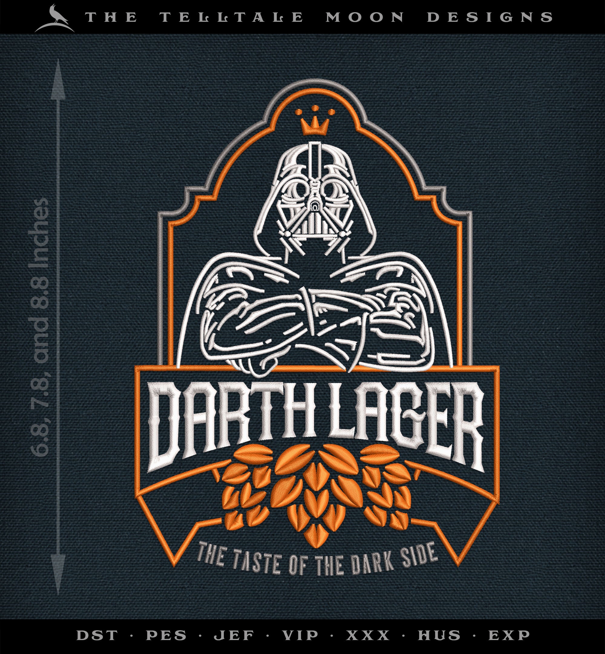 Machine Embroidery: Beer Nerd "Darth Lager" Label Design (6.8, 7.8, and 8.8 Inches Tall, Three Thread Colors)