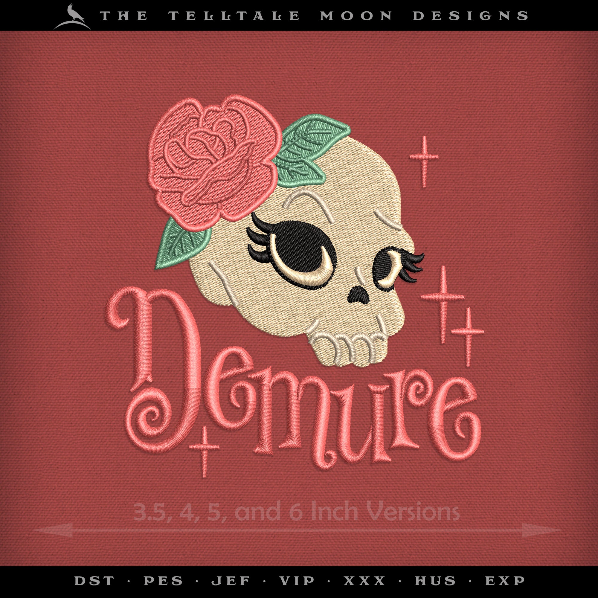Embroidery: "Demure" Skull Design for Download - 3.5, 4, 5, and 6 Inches - Seven Thread Colors