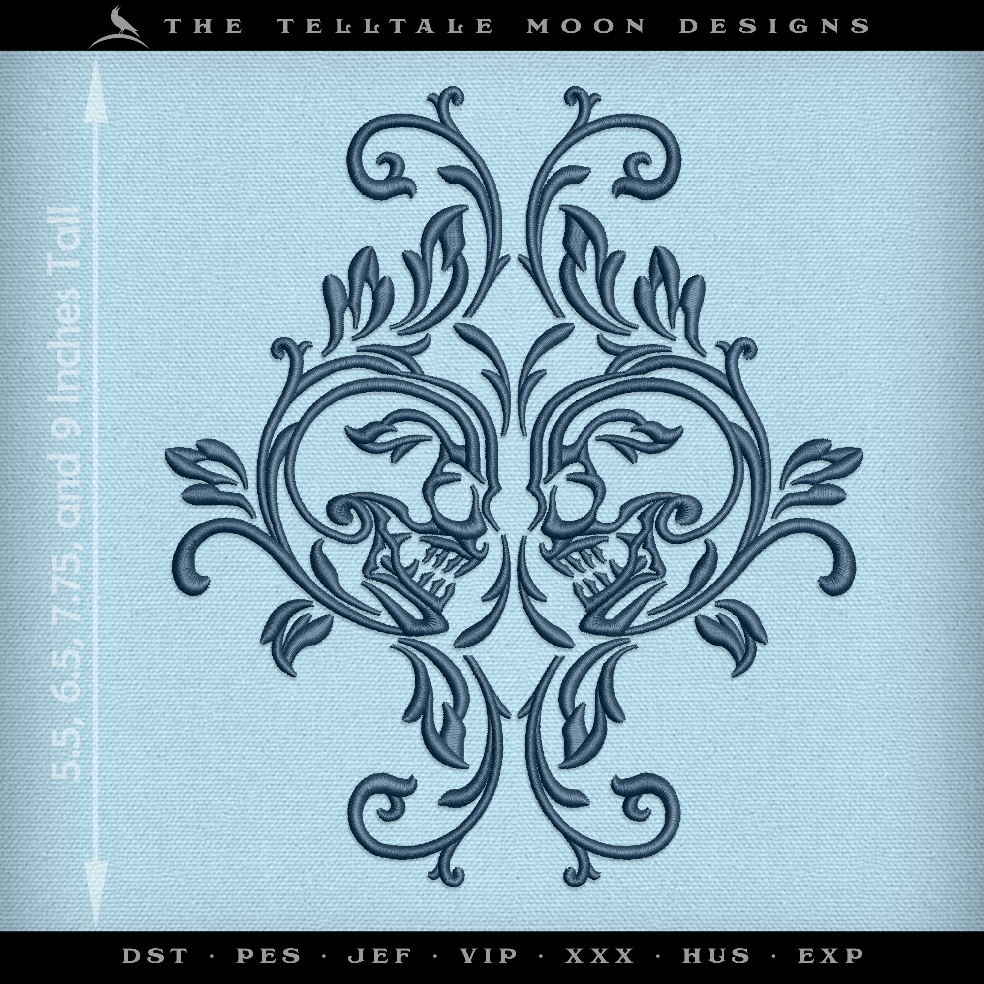 Embroidery: SET of Gothic Skull Damask Designs - Includes Double, Single, and Skull in Four Sizes