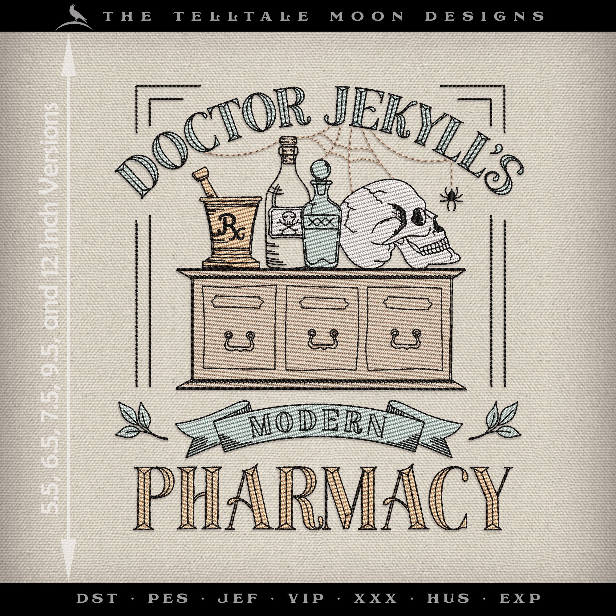 Embroidery: "Doctor Jekyll's Modern Pharmacy" Sketch-style in Five Sizes