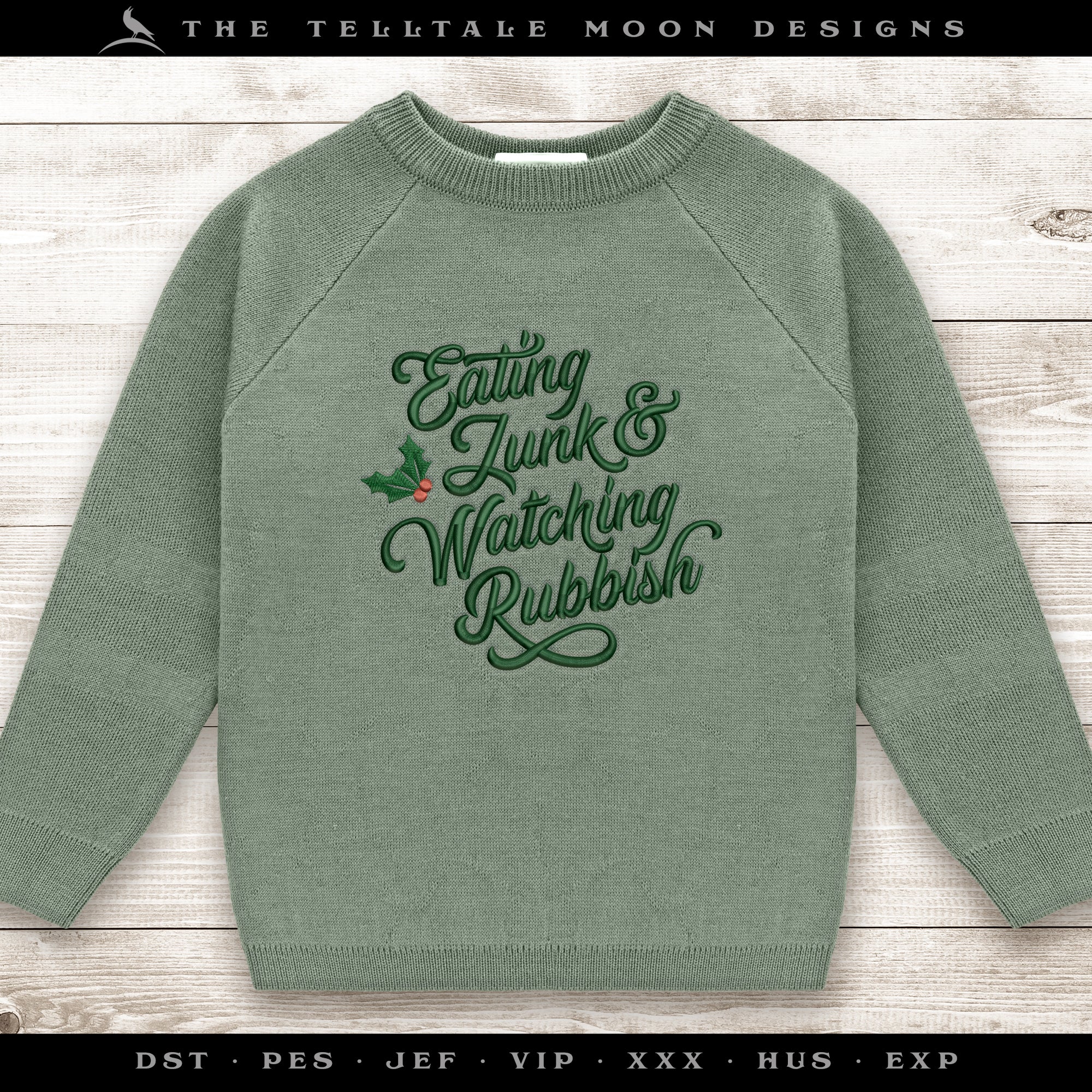 Embroidery: Cute Christmas Humor "Eating Junk" Quote - Six Sizes Between 4 and 9 Inches