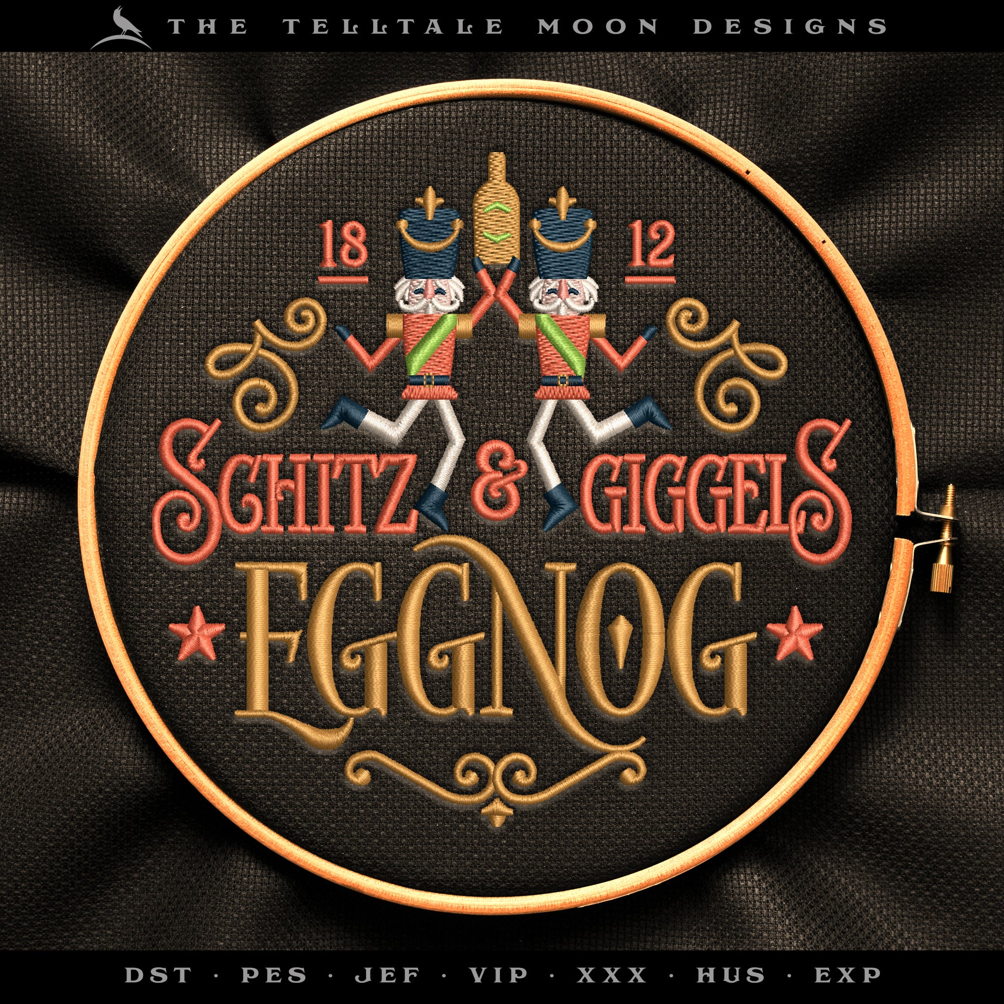 Embroidery: "Schitz and Giggels Eggnog" Joke Label Design - Six Sizes 5 to 10 Inches
