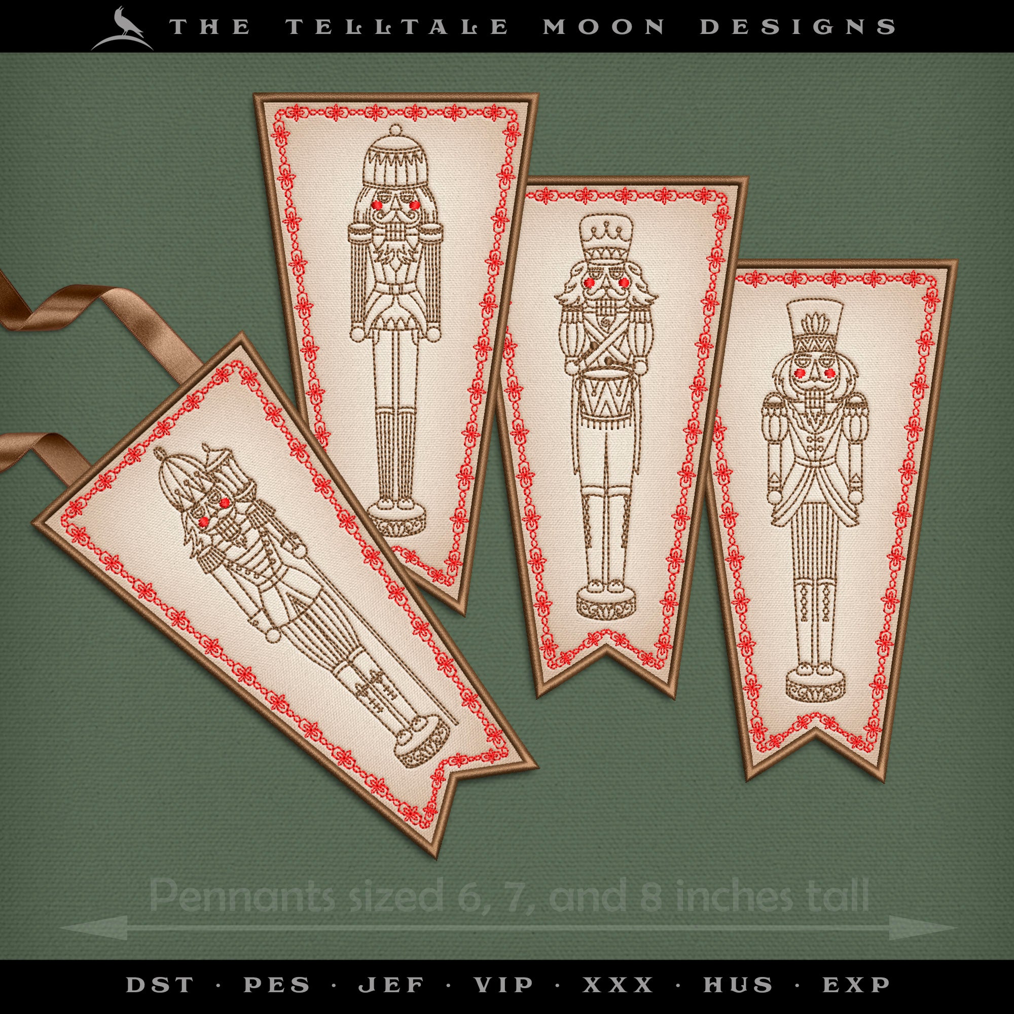 Embroidery Set: Drawings of Four Nutcrackers, PLUS Pennant and Tree Skirt Artwork for Classic Decorating - 6x6, 5x7, and Larger Hoops