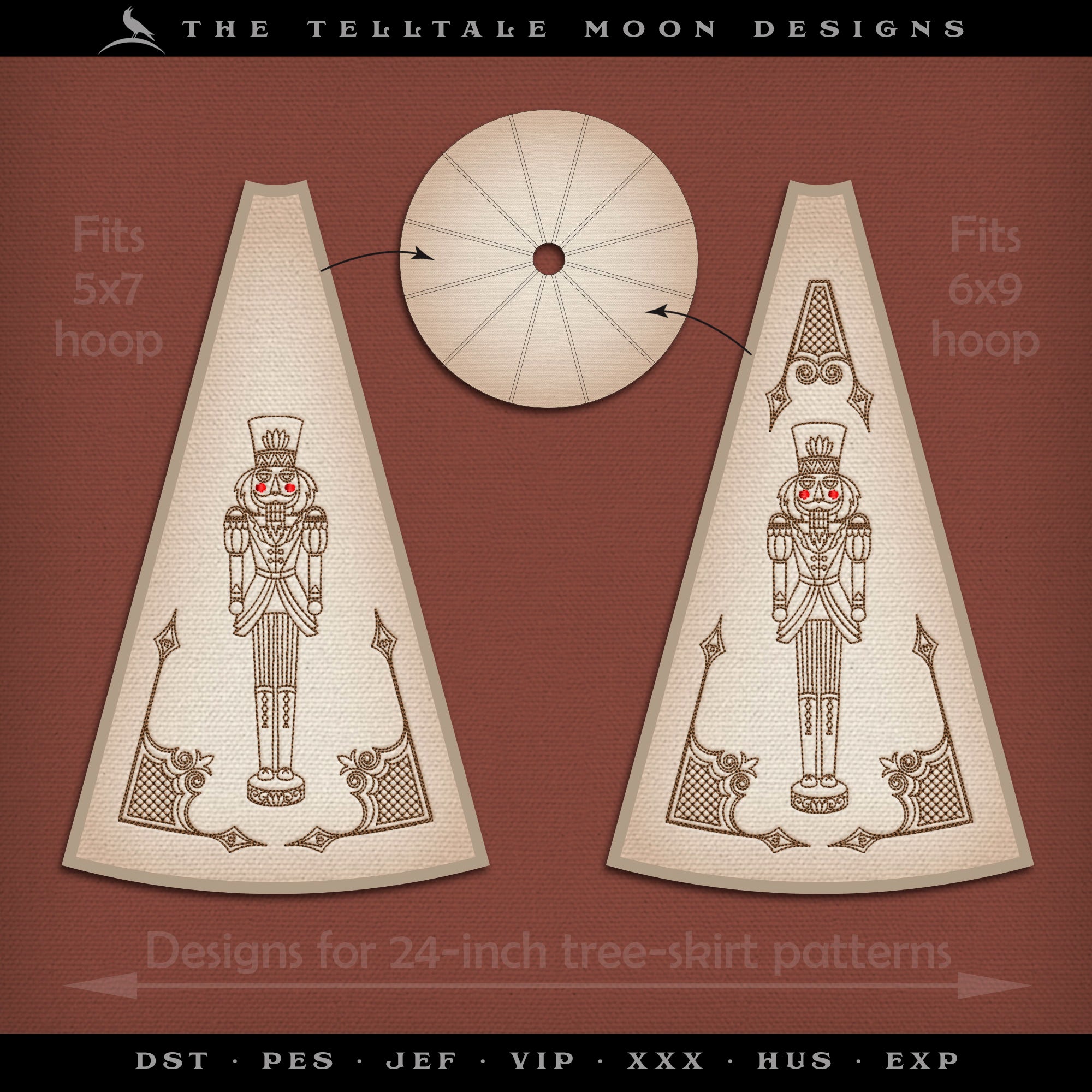 Embroidery Set: Drawings of Four Nutcrackers, PLUS Pennant and Tree Skirt Artwork for Classic Decorating - 6x6, 5x7, and Larger Hoops