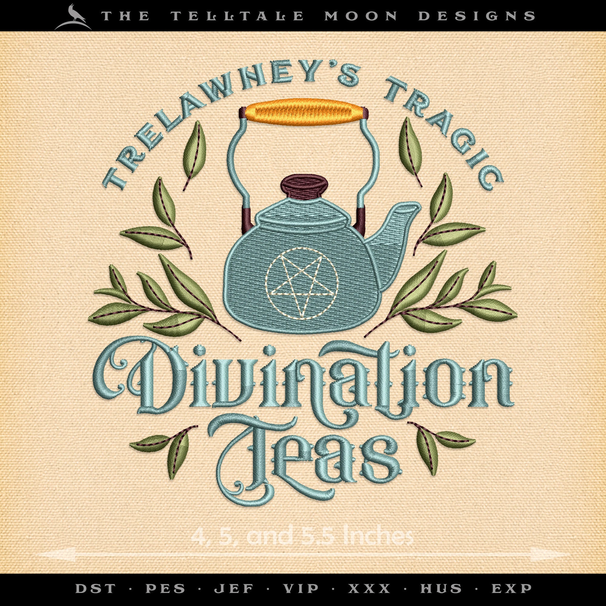 Embroidery Files: "Divination Teas" in Three Sizes  - 4, 5, 5.5 Inches - Plus Drink Cozy
