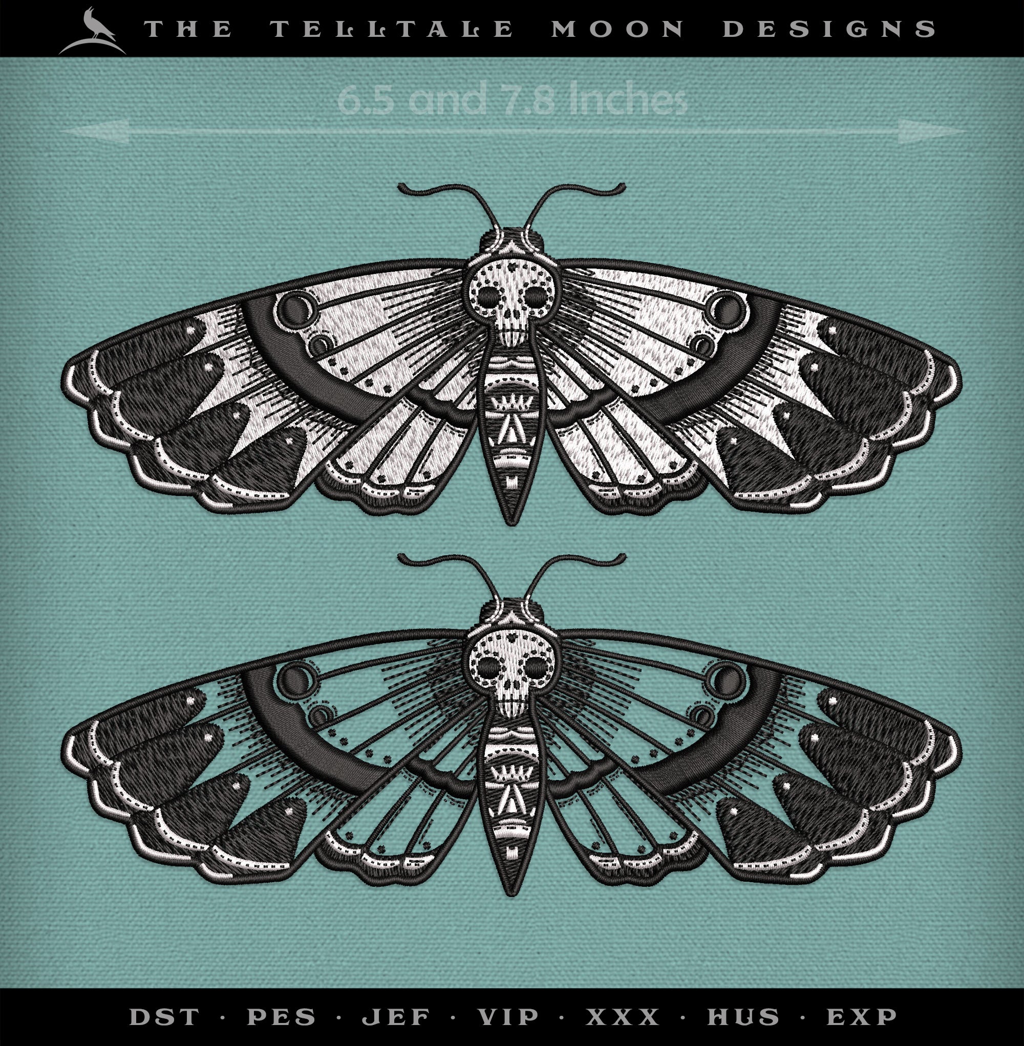 Machine Embroidery: Pen-and-ink Style of Death Moth (6.5 and 7.8 Inches)