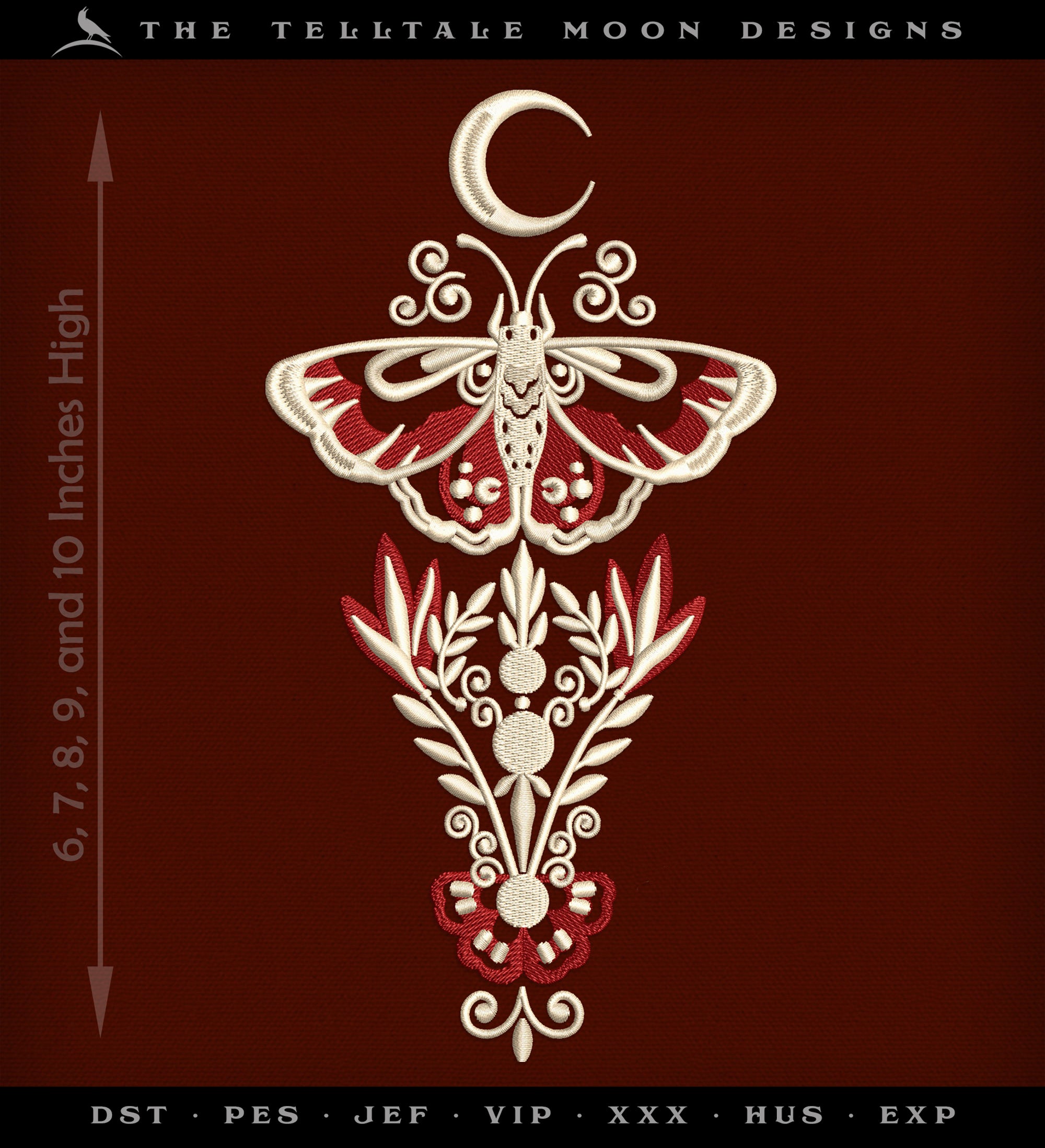 Embroidery: Folk Magic Luna Moth Design - 6, 7, 8, 9, 10 Inches - Two Thread Colors