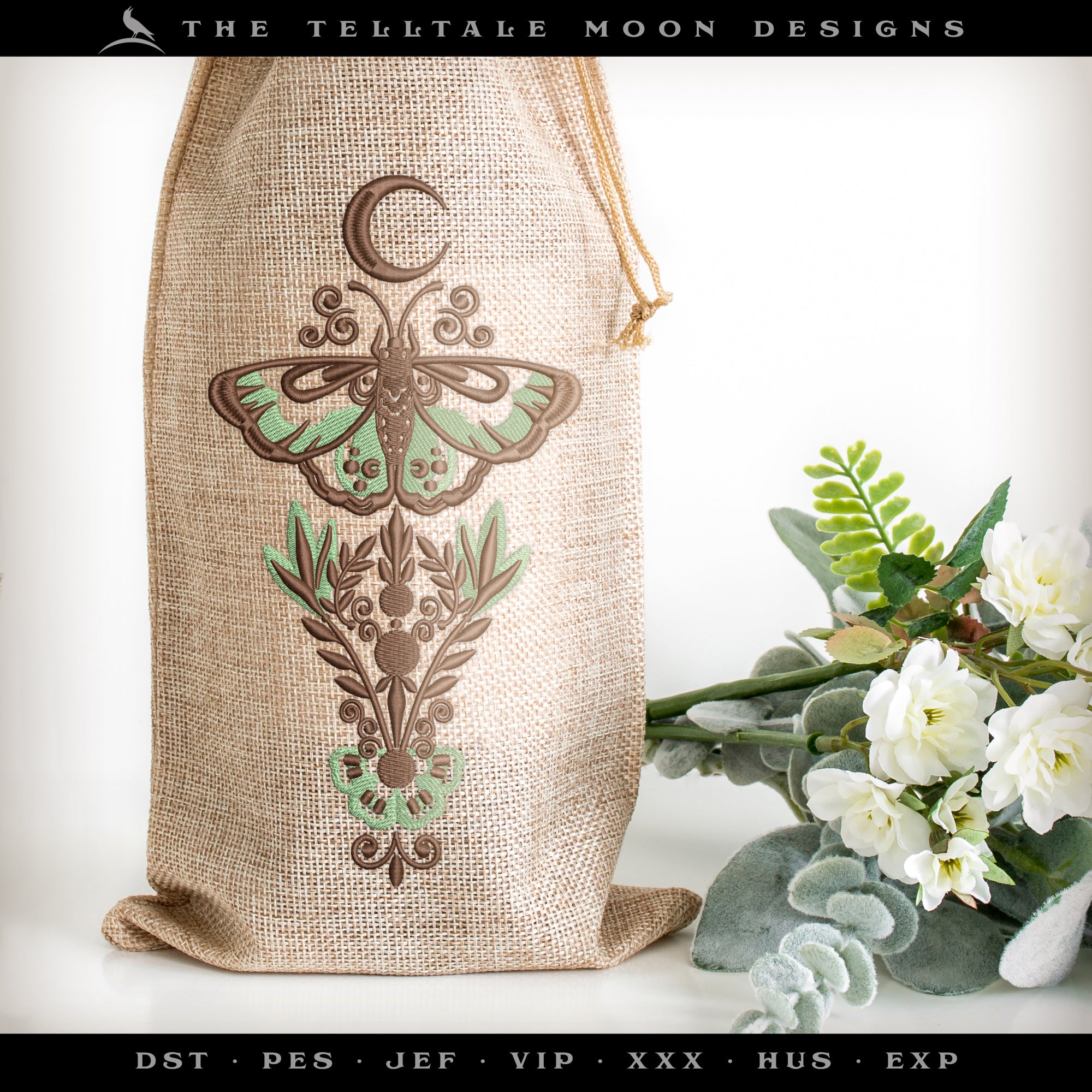 Embroidery: Folk Magic Luna Moth Design - 6, 7, 8, 9, 10 Inches - Two Thread Colors