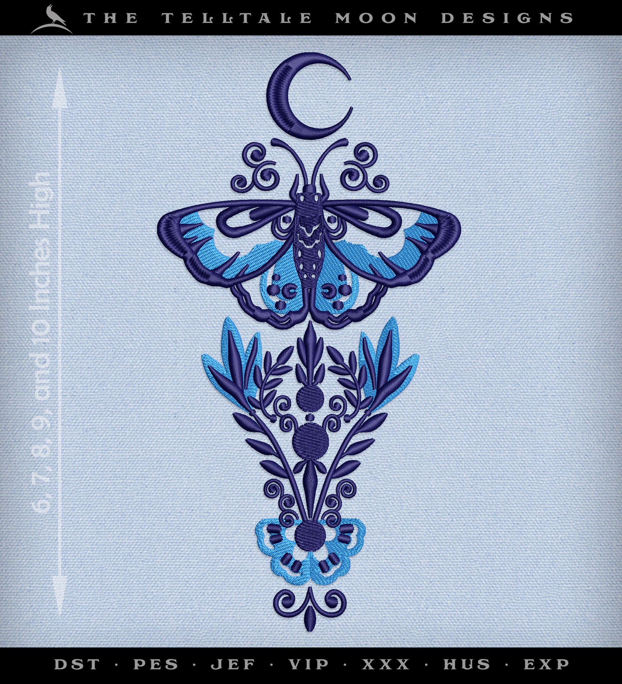 Embroidery: Folk Magic Luna Moth Design - 6, 7, 8, 9, 10 Inches - Two Thread Colors