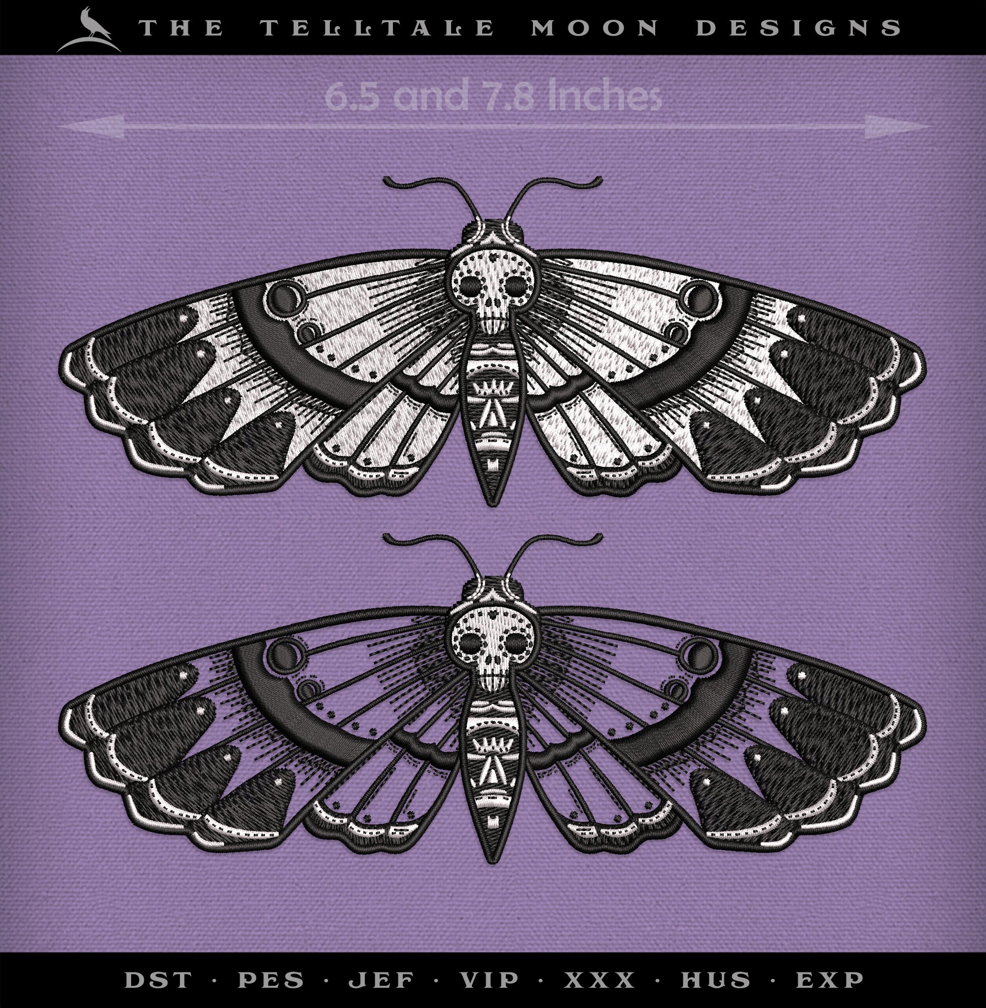 Machine Embroidery: Pen-and-ink Style of Death Moth (6.5 and 7.8 Inches)