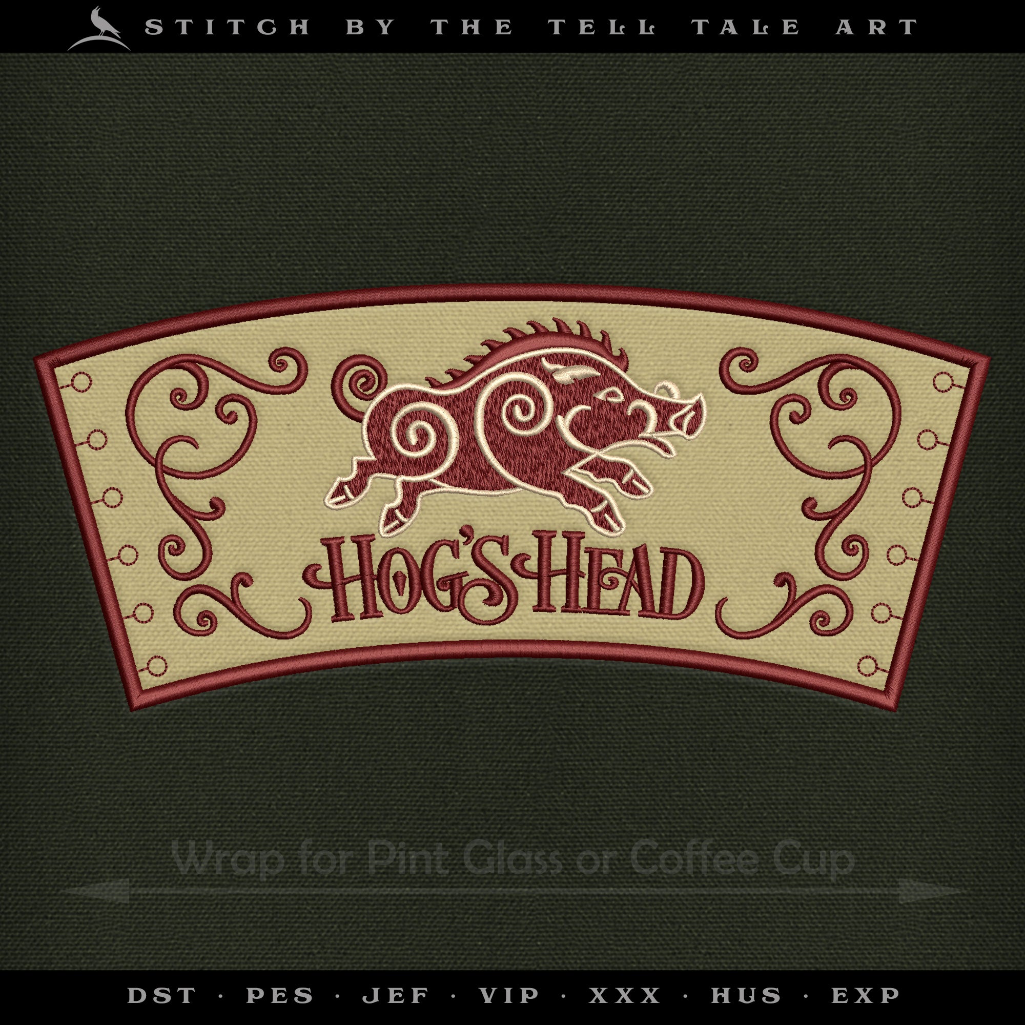 Ornate Hog’s Head Tavern Design – Five Sizes 4 to 7 Inches – Includes Drink Sleeve Pattern
