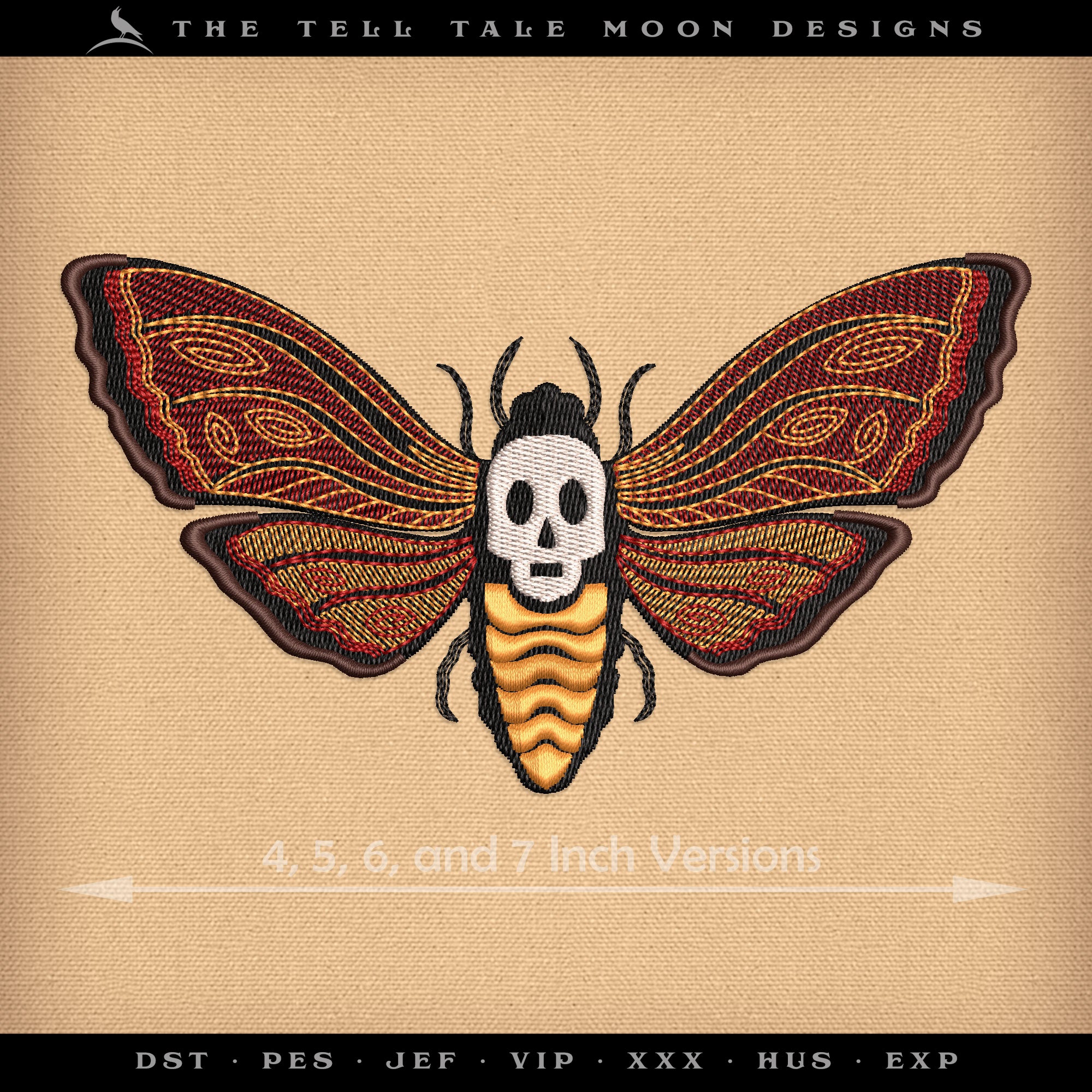 Embroidery: Horror-themed Moth - Four Sizes 4 to 7 Inches Wide