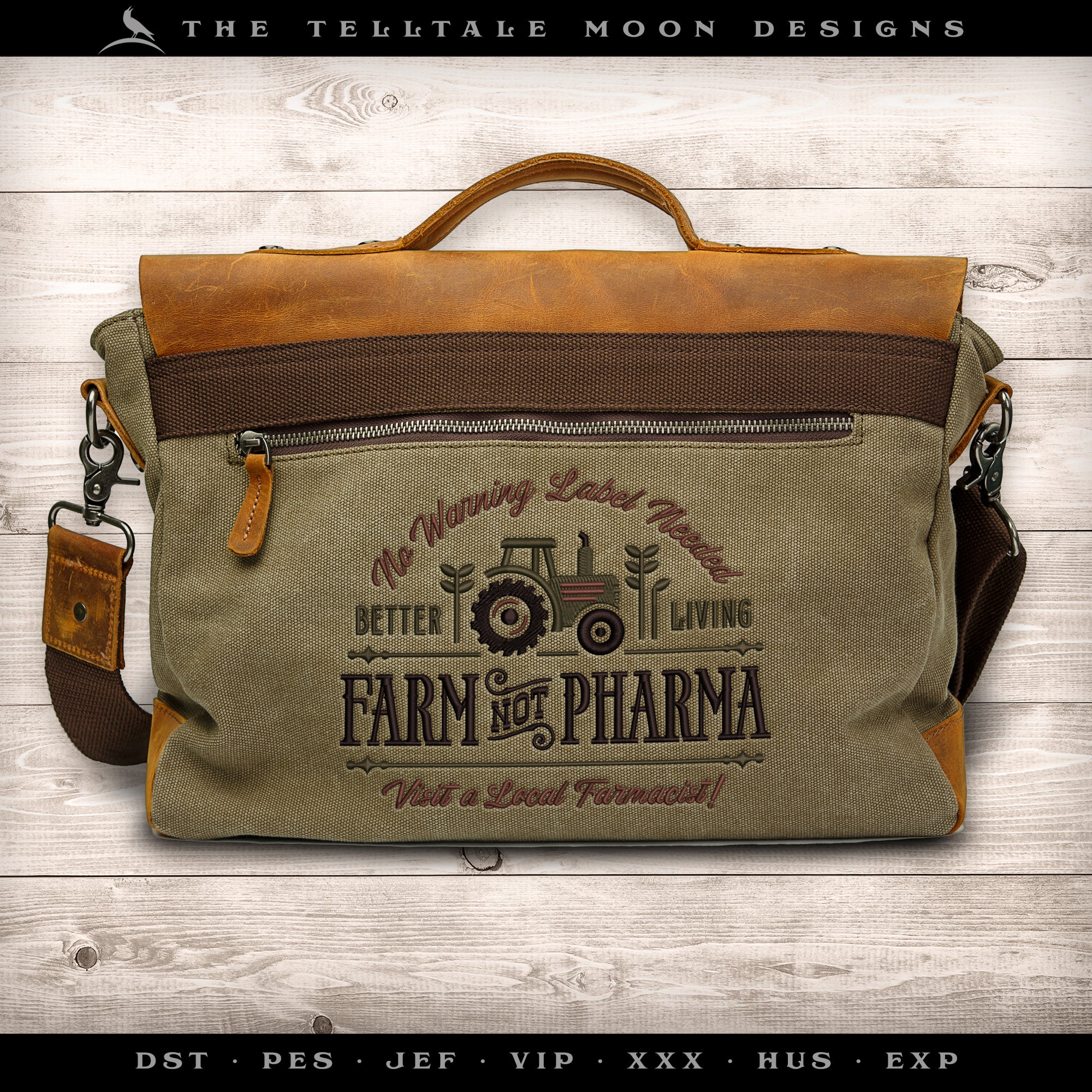 Embroidery: Old-fashioned "Farm Not Pharma" Sign and Label Design