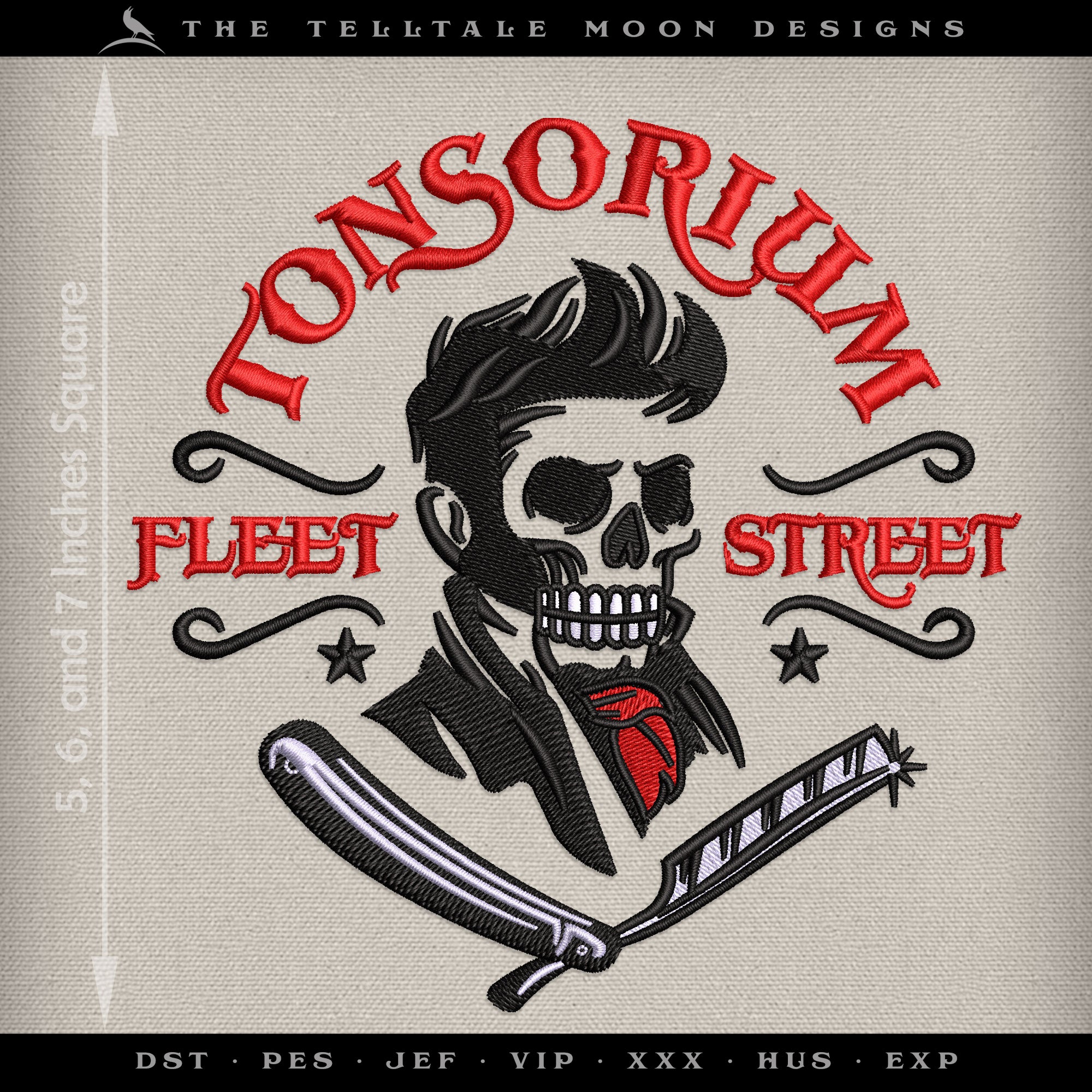 Embroidery Files: "Fleet Street Tonsorium" Vintage Design - 5, 6, and 7 Inches Square